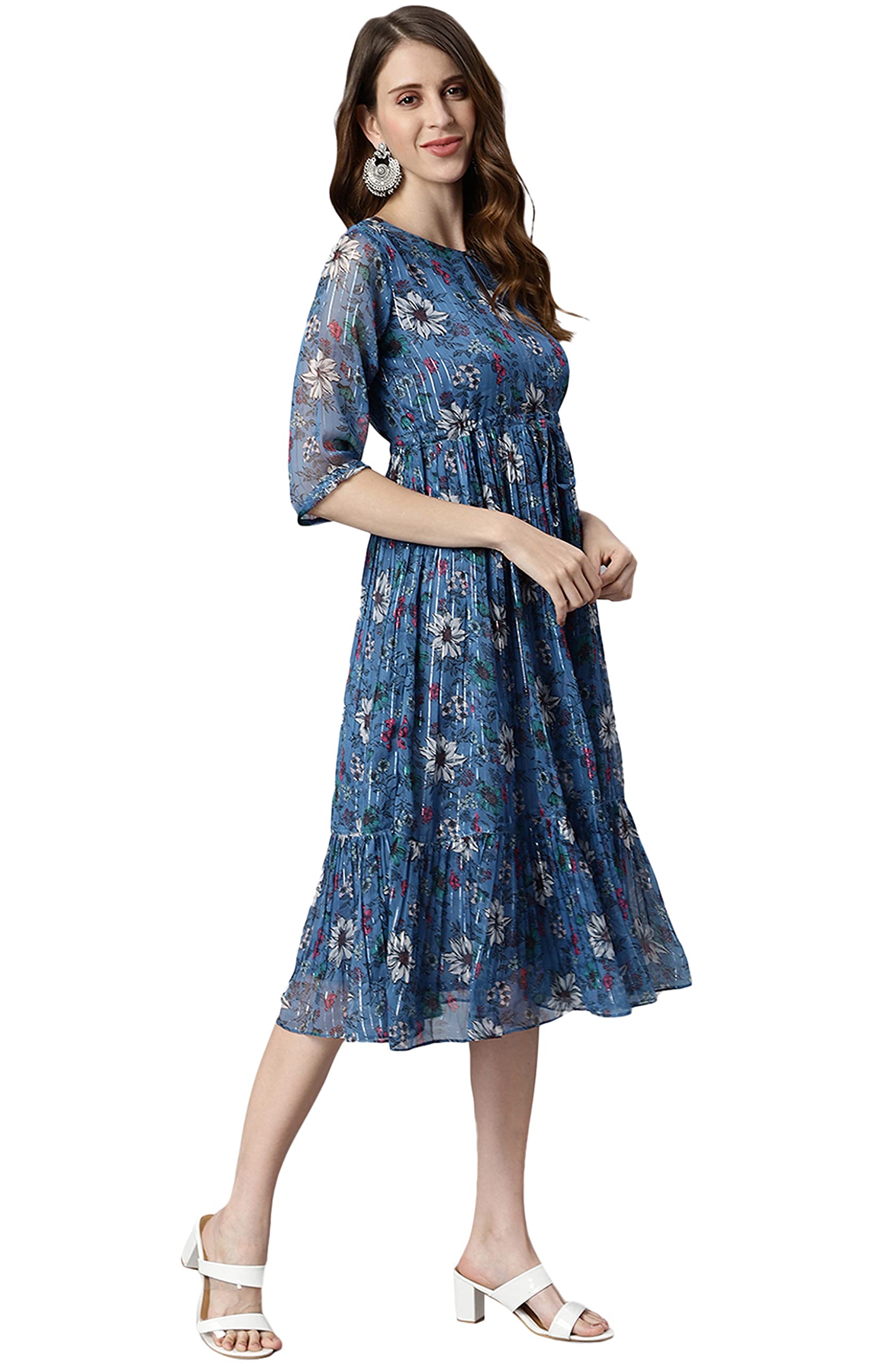 Janasya Indian Women's Blue Floral Printed Western Dress - Elegant Party Wear for Festivals, Weddings & Special Occasions