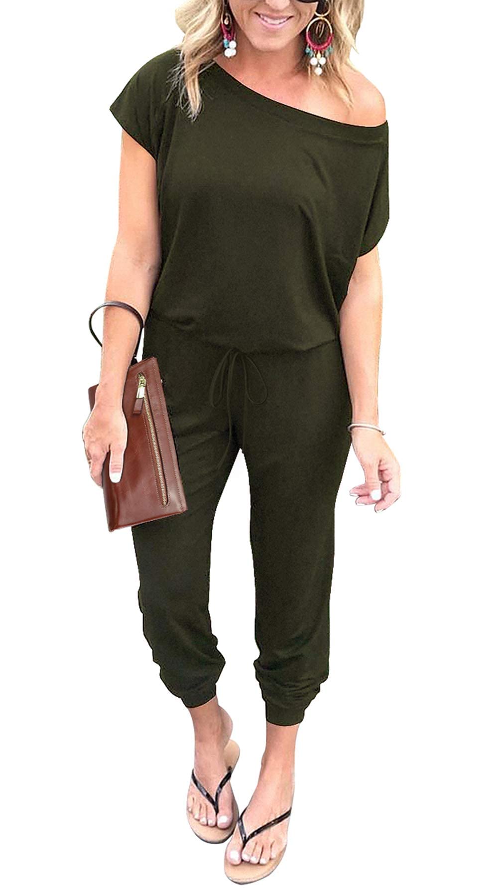 PRETTYGARDEN Women's Loose Fit Off Shoulder Romper Jumpsuit - Stretchy Elastic Waist, Solid Color Long Summer Outfit for Beach, Vacation & Casual Wear