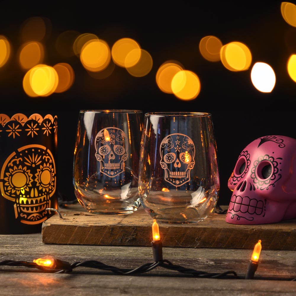 Sugar Skull Stemless Wine Tumbler Glass - 17oz Set of 4 | Mexican Day of The Dead Themed Drinkware for Margaritas, Cocktails & Wine Parties