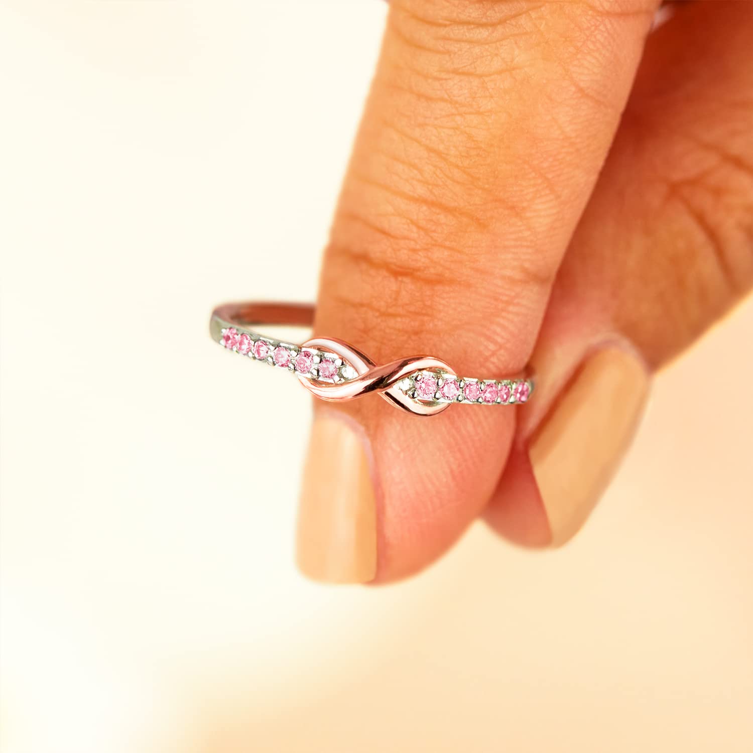 STORYJEWELLERY Pink Infinity Rings for Women - Dainty Stackable Pinky Rings, Sterling Silver Minimalist Jewelry, Perfect Gift for Girlfriend, Wife, Anniversary & Valentine's Day | Everyday Wear, Date Night, Special Occasions