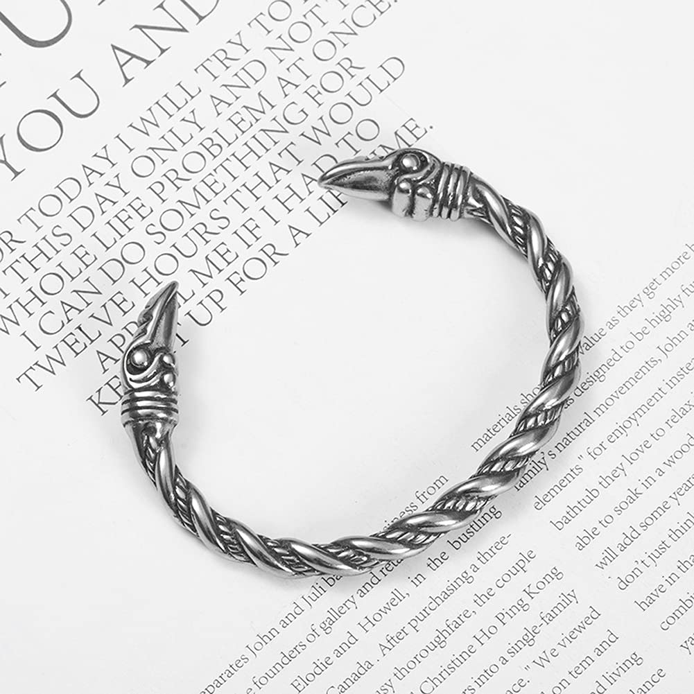 Viking Bracelet for Men - Adjustable Stainless Steel Norse Arm Ring with Raven Heads - Scandinavian Bangle Jewelry - Perfect for Viking Cosplay, Medieval Reenactments & Norse Fashion
