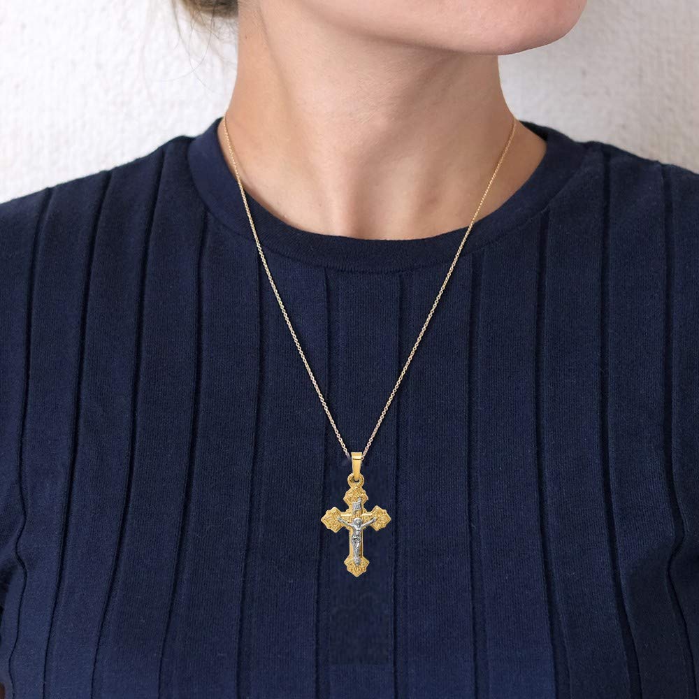 14K Two-Tone Yellow Gold & White Gold INRI Crucifix Pendant Necklace - Elegant Polished Budded Cross Charm for Women & Men - Perfect Religious Jewelry Gift for Baptism, Confirmation & Special Occasions