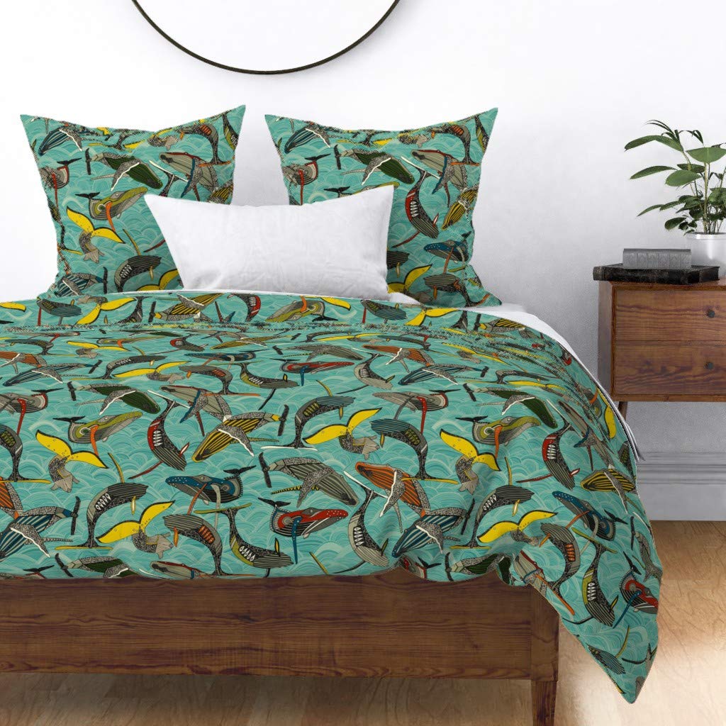 Whale Waves Cotton Sateen Duvet Cover Full/Queen Size - Gender Neutral Ocean Themed Nursery Bedding with Humpback Whale Print | Perfect for Kids' Rooms, Beach House Decor & Nautical Themed Bedrooms