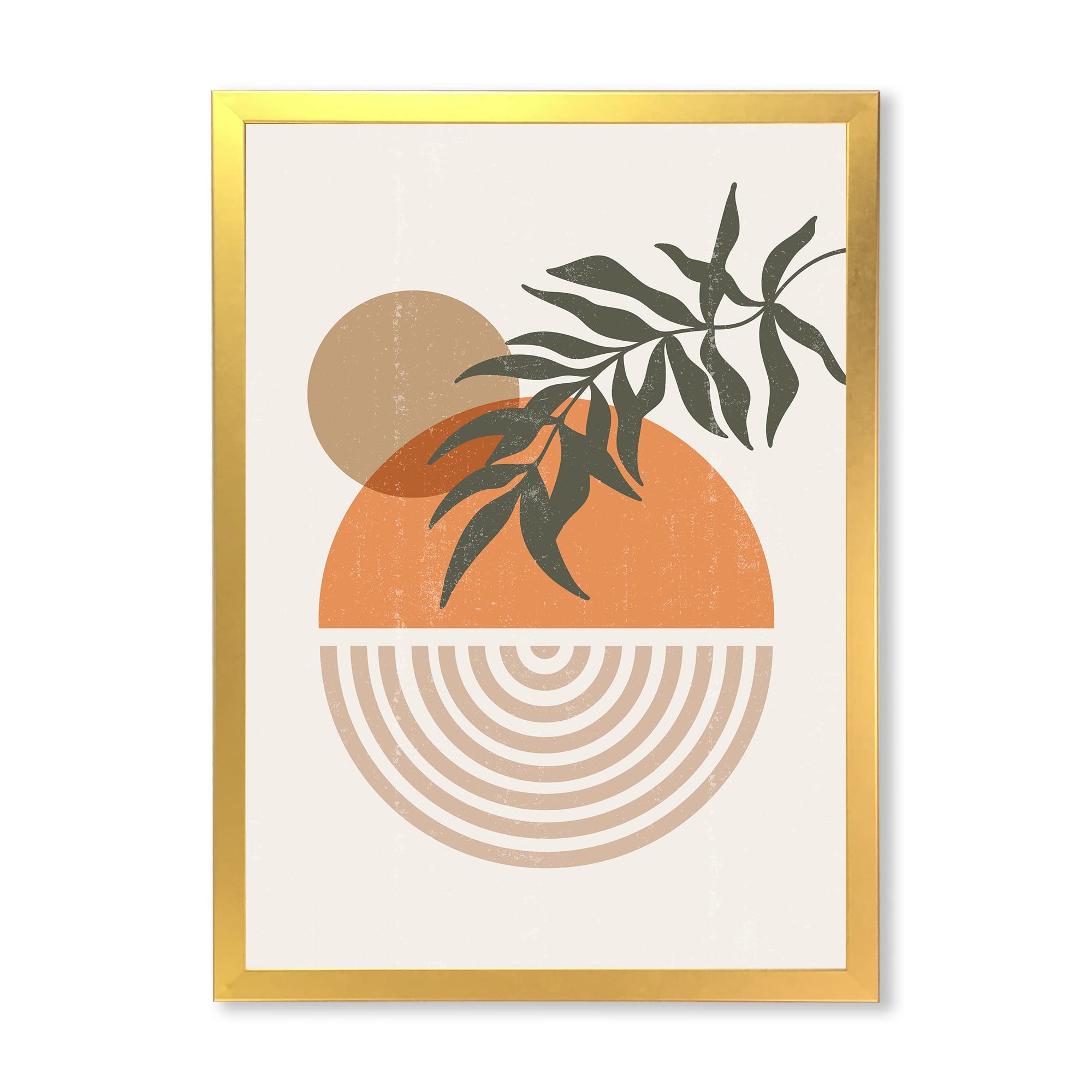 Abstract Geometric Sun and Moon Wall Art with Leaf Design - Modern Framed Canvas Painting for Living Room, Bedroom & Office Decor