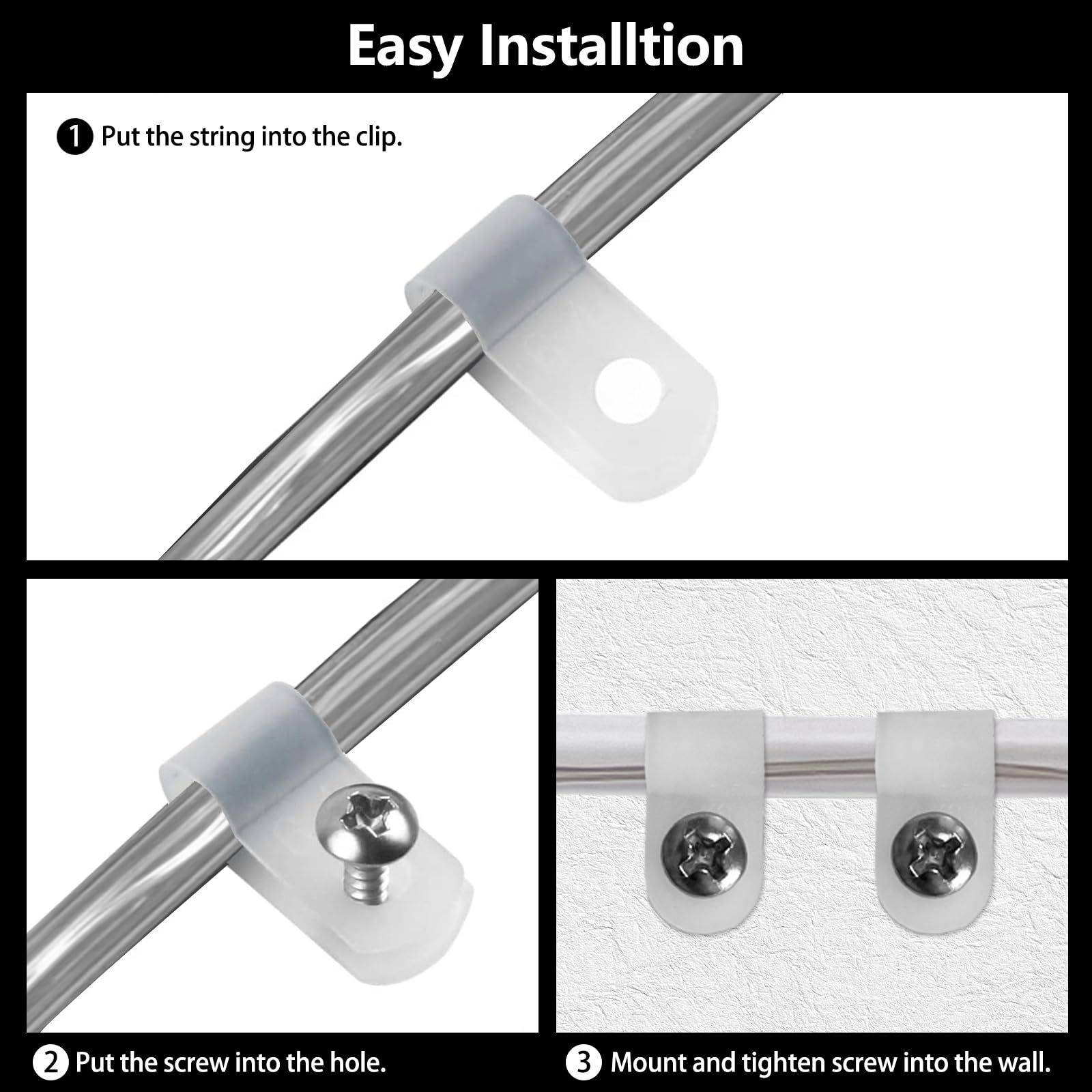 100 Pack 1/5 Inch P-Style Rope Light Clips with Stainless Steel Screws - Outdoor String Light Mounting Clips for Christmas Decorations, Garden Party & Patio Lighting