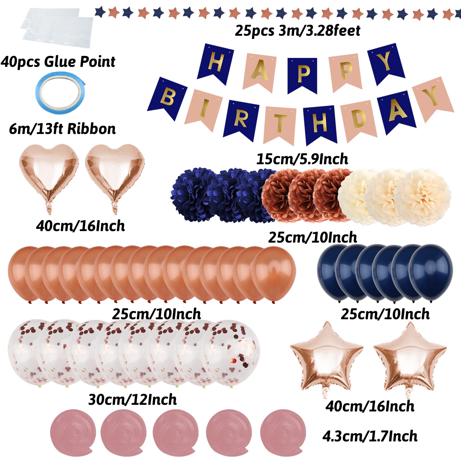 Navy Blue & Rose Gold Birthday Decorations Set - Happy Birthday Banner, Paper Pompoms & Balloons for Women, Men, Boys & Girls | Perfect for Birthday Parties, Baby Showers & Anniversary Celebrations