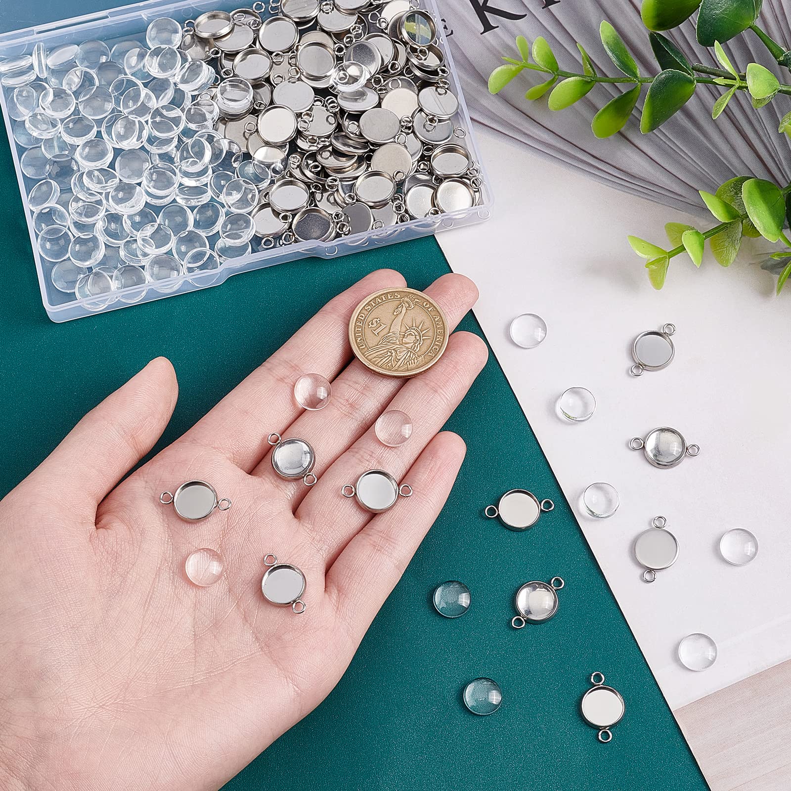 100pcs 12mm Stainless Steel Round Connectors with Clear Glass Cabochons - Jewelry Making Bezel Pendant Trays & Charm Links (19.5x14x2mm, 2mm Hole) - DIY Necklace, Bracelet & Earring Components - Perfect for Handmade Jewelry Crafting & Gift Making