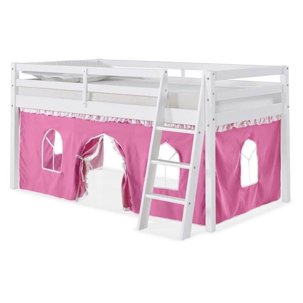 Rosebery Kids Twin Wood Junior Loft Bed with White & Pink Tent - Space-Saving Bunk Bed for Small Rooms, Sleepover Fun & Play Area for Girls & Boys
