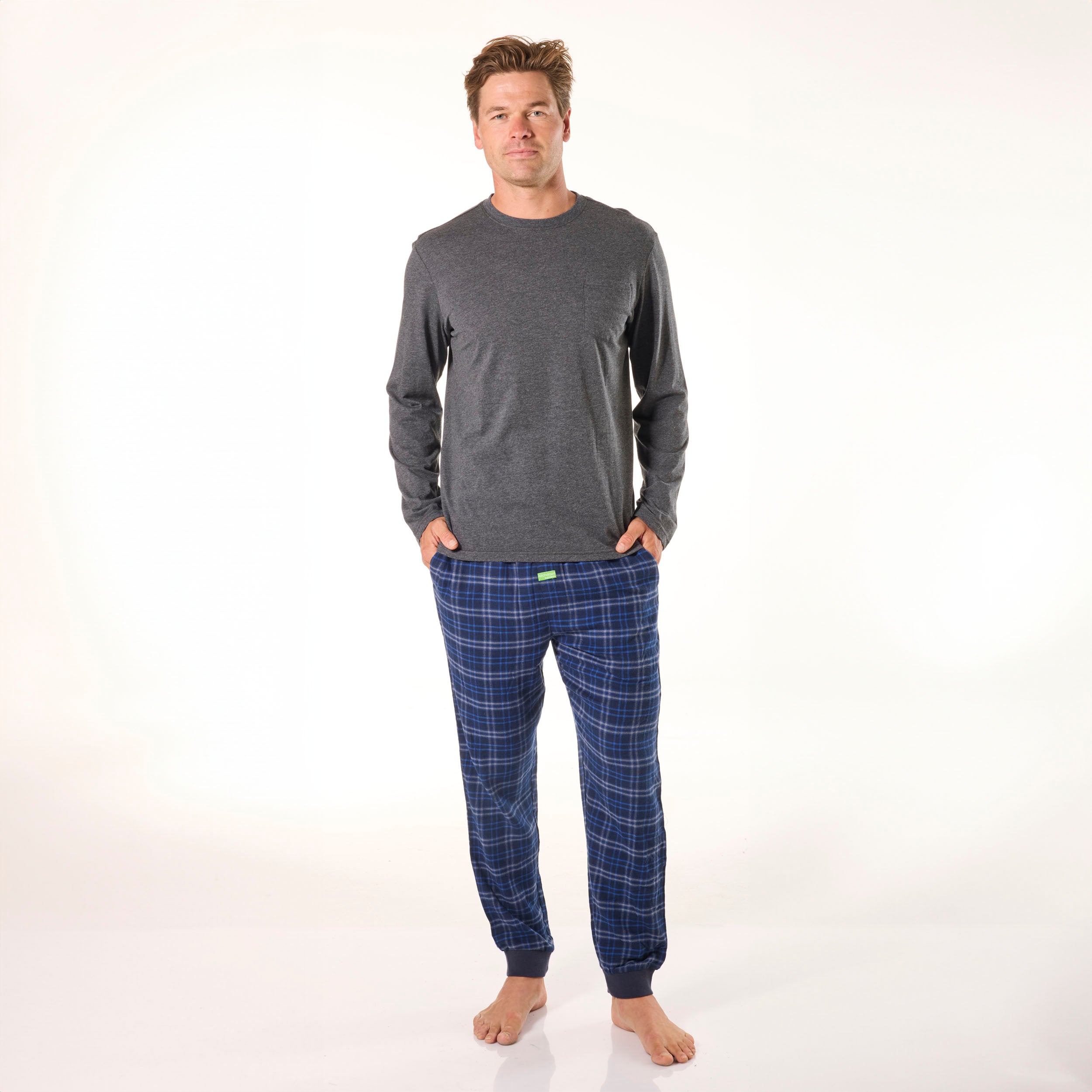 Men's Relaxed Cotton Long Sleeve Sleep Tee - Dark Grey Marle - Soft & Comfortable Pajama Top for Nightwear, Lounging & Travel