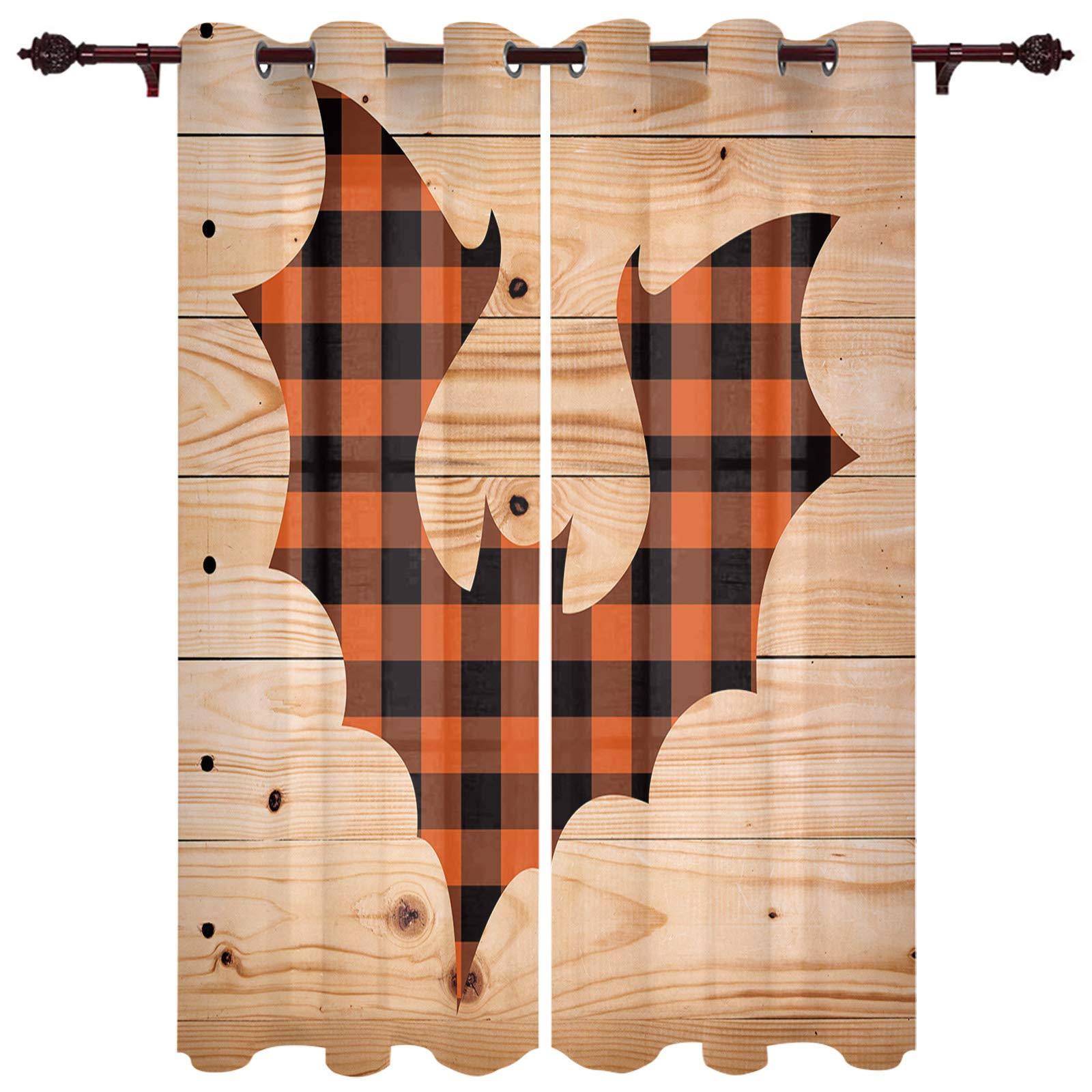 Halloween Bat Yellow Plaid Sheer Window Curtains - 2 Panels Grommet Top 72 Inch Length for Kitchen, Living Room, Bedroom & Patio - Light Filtering Tier Curtains for Sliding Glass Doors & Windows (Wood Grain Design)