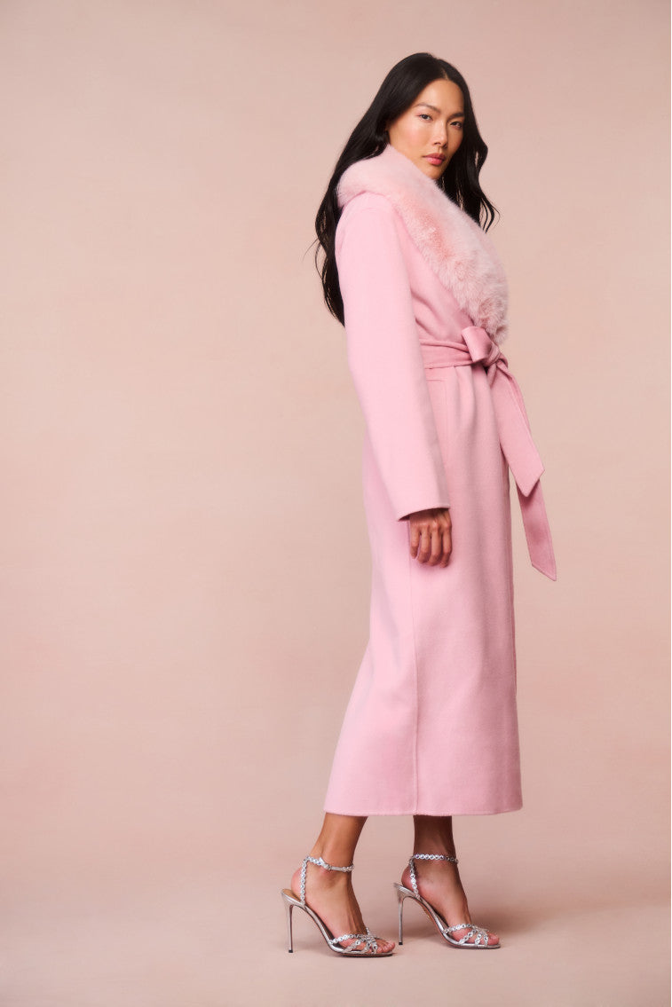 Luxury Mahika Wool Cashmere Coat with Faux Fur Collar - Women's Winter Warm Trench Coat for Office, Dating & Formal Occasions