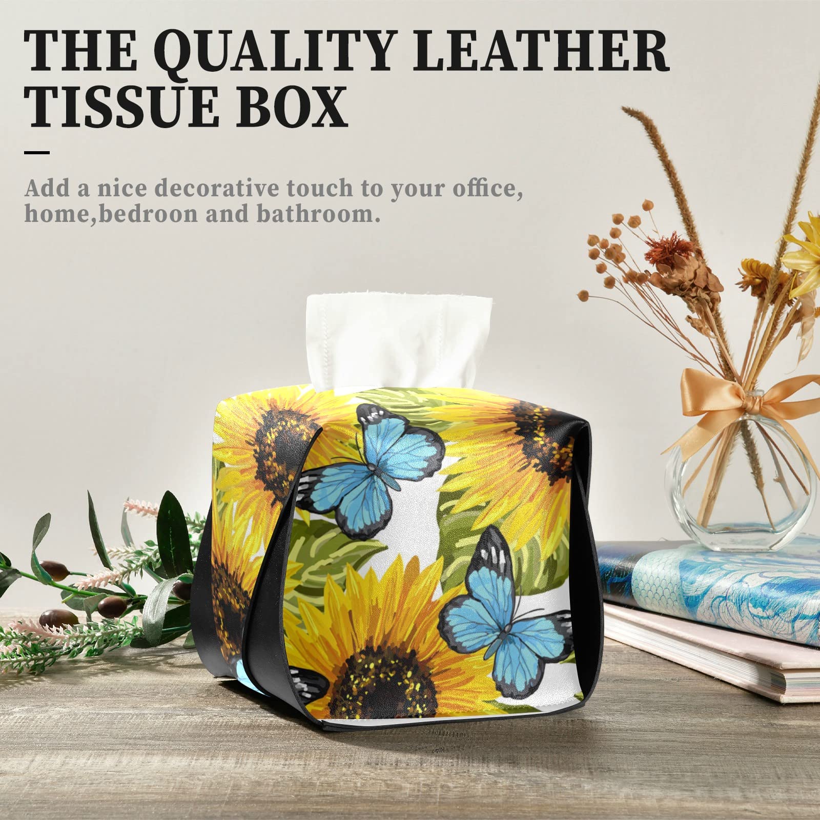 Sunflower & Blue Butterfly Leather Tissue Box Cover with Handle – Rectangular Tissue Holder for Car, Bathroom, Home & Office Decor | Durable & Stylish Facial Tissue Dispenser