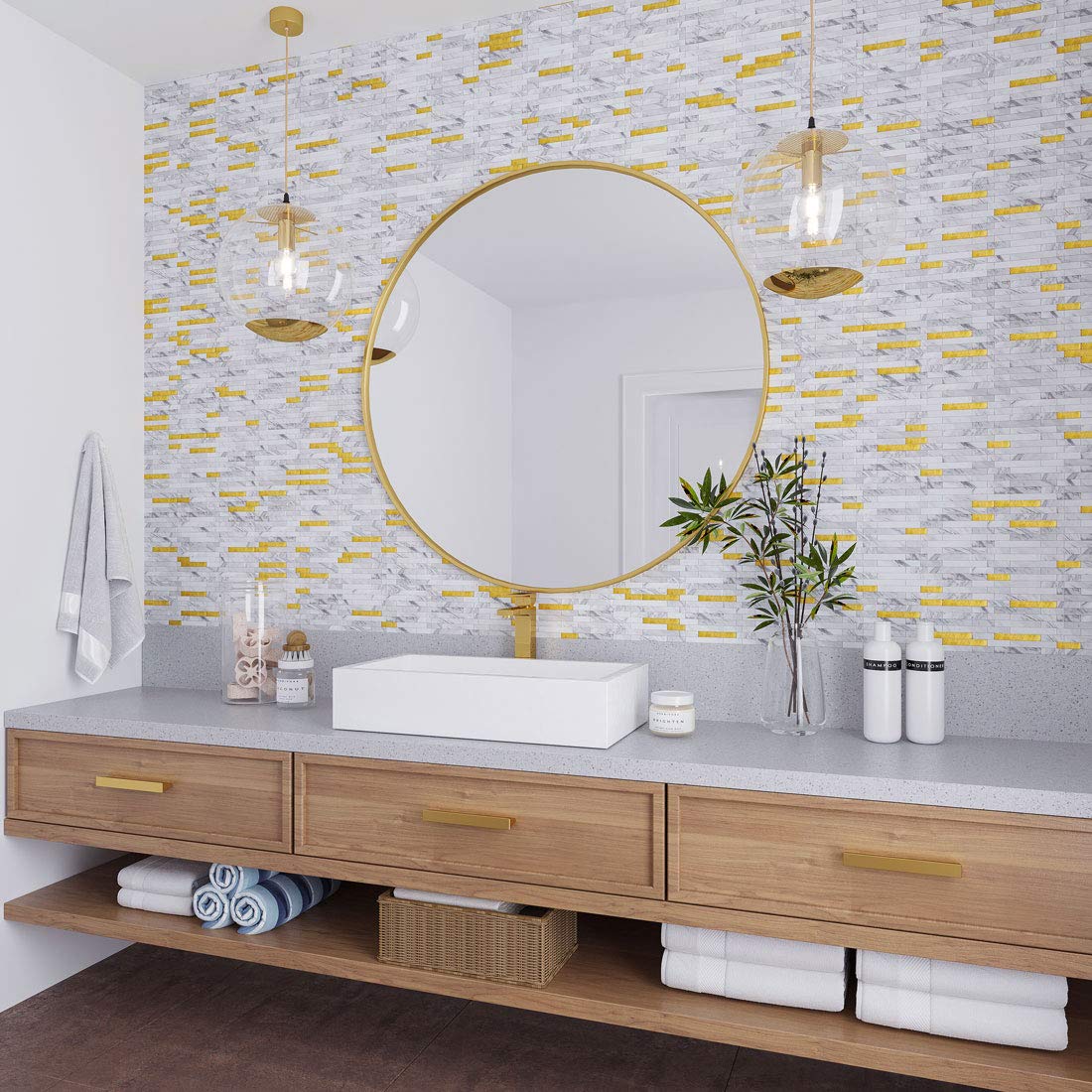 Peel & Stick Backsplash Wall Tile - 10 White & Gold Faux Marble Self-Adhesive Sheets (11.8
