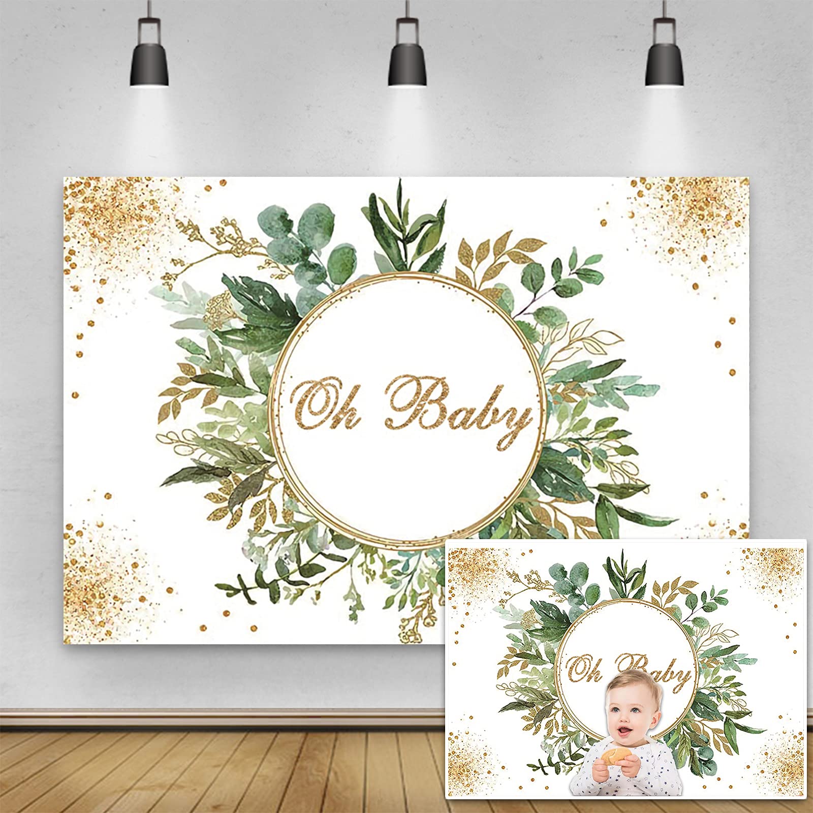 Yeele 7x5ft Green Leaves Photography Backdrop - Neutral Baby Shower Decor, Newborn Birthday Party Background, Vinyl Cake Table Banner for Studio Props | Perfect for Gender Reveal, First Birthday Photos & Nursery Decorations