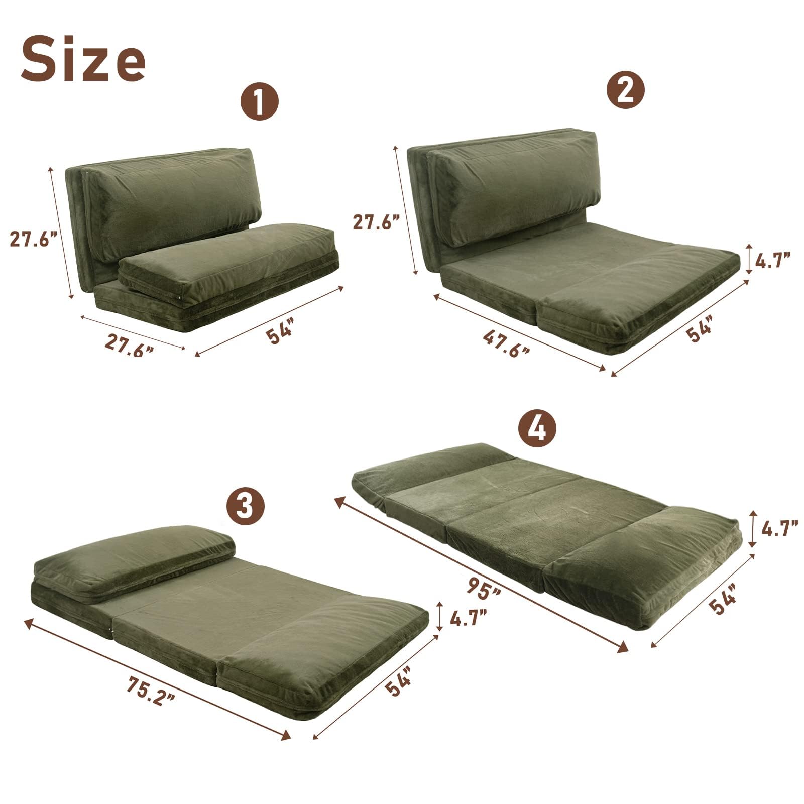 MAXYOYO Extra Thick Faux Fur Bean Bag Bed - Foldable Sofa Bed & Floor Mattress for Adults (54x95 Inch, Olive Green) | Washable Cover, Full Size Trifold Design | Perfect for Living Rooms, Dorms, Guest Beds & Lounge Areas