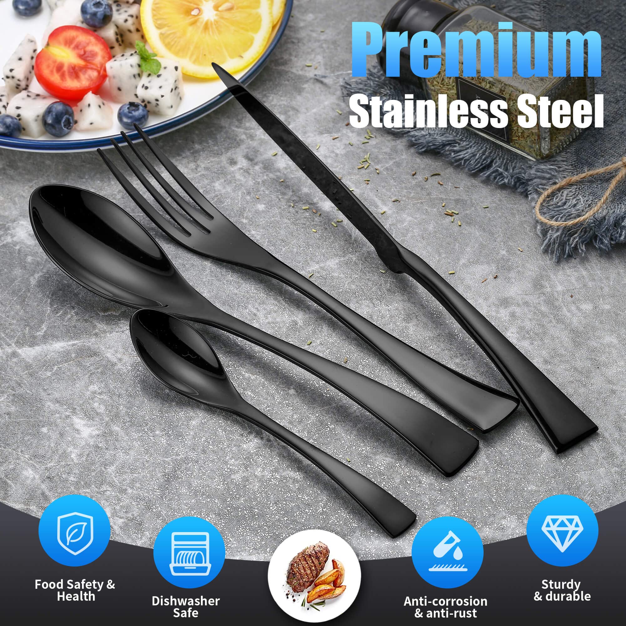 24-Piece Black Silverware Set for 6 - Heavy Duty 18/10 Stainless Steel Cutlery Set with Forged Stand Knife - Modern Flatware Utensil Set (Forks, Spoons, Knives) - Mirror Polished & Dishwasher Safe - Perfect for Dinner Parties, Restaurants, and Everyday Dining