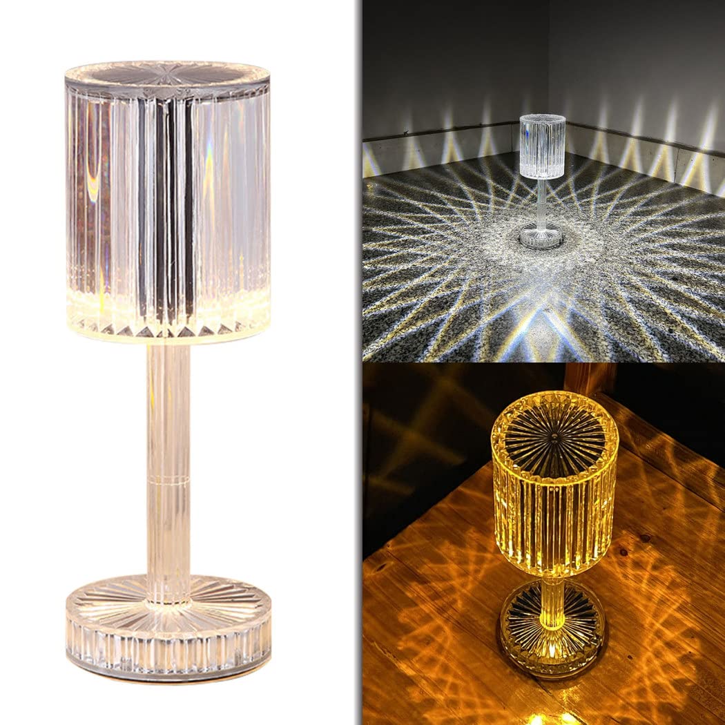 Romantic LED Rose Diamond Table Lamp - Touch Control 3 Color Changing Acrylic Nightstand Lamp with USB Rechargeable, White | Perfect for Bedroom Decor, Valentine's Gift & Home Decoration