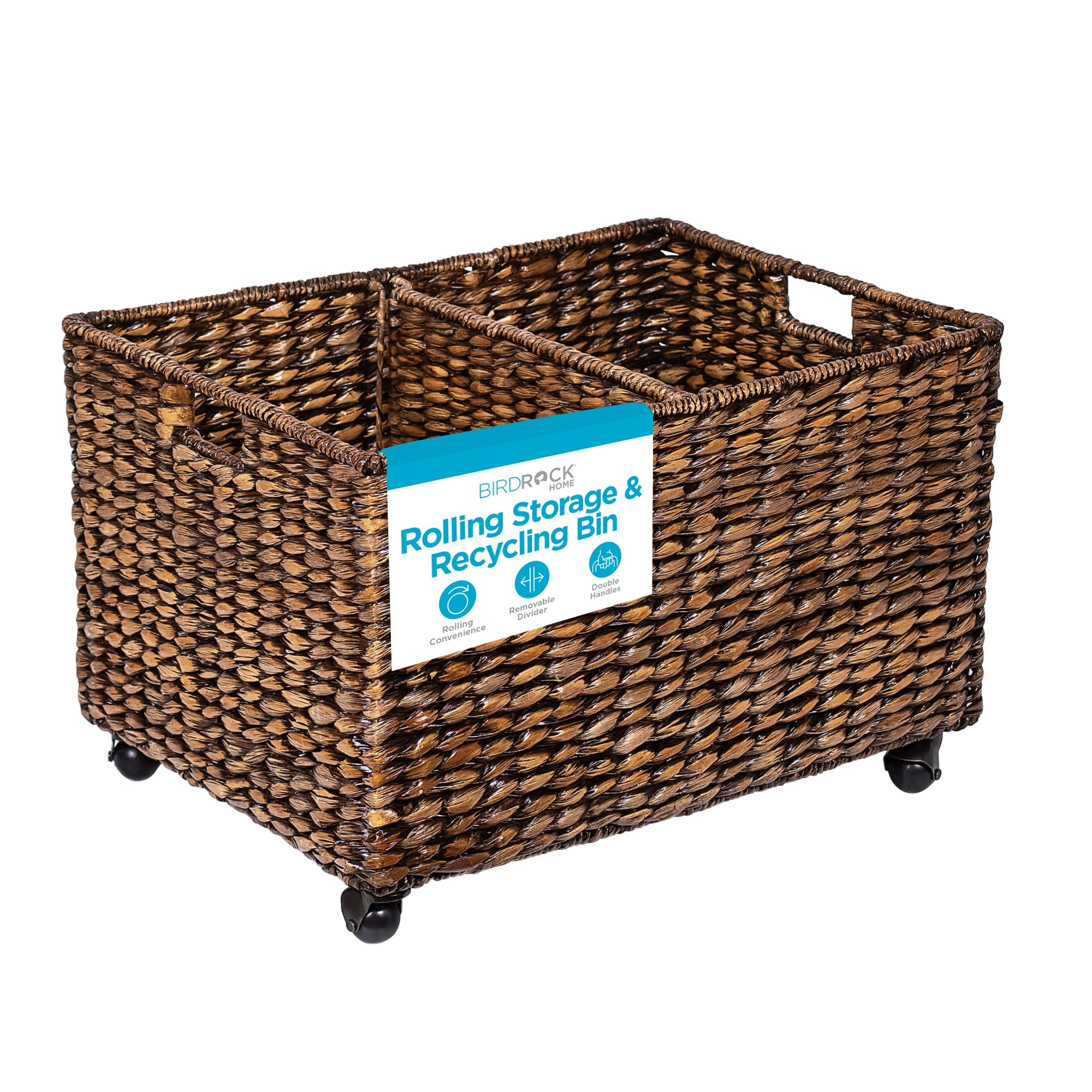 BIRDROCK HOME Handwoven Rolling Storage and Recycling Bin - Brown Wash Divided Decorative Cart for Kitchen, Paper Cans Glass Plastic Sorter - Toy Blanket Storage Organizer for Home, Office, and Playroom