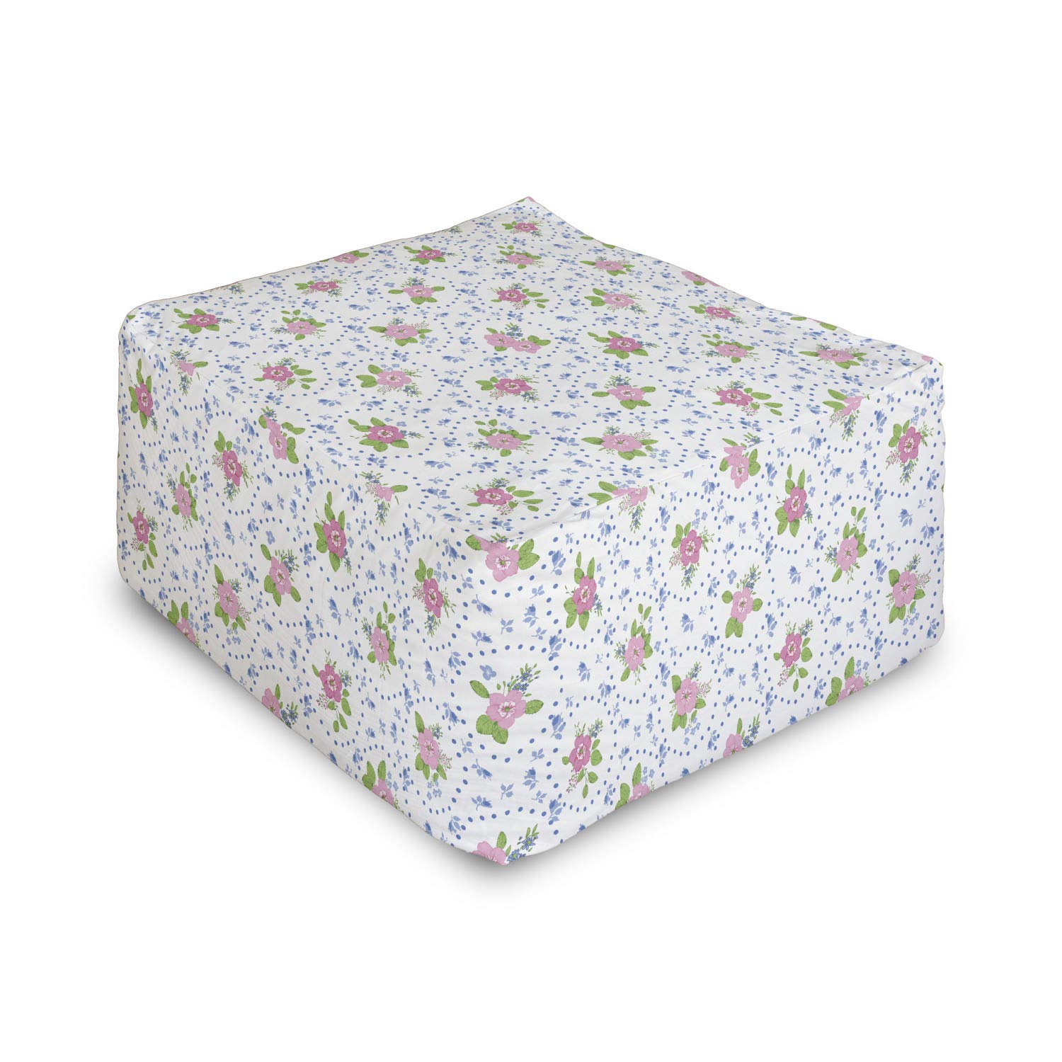 Ambesonne Shabby Floral Rectangle Pouf Ottoman - Classic Peony Flowers with Circular Bouquets, Pink and Blue Foot Stool for Living Room & Office, 25