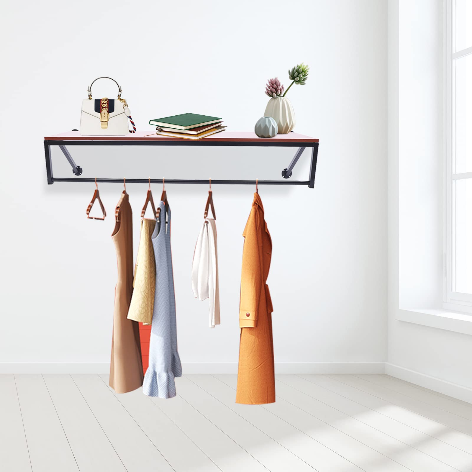 1/3 Tier Wall Mounted Industrial Pipe Shelving with Clothing Rack - Rustic Metal Floating Shelves & Real Wood Bookshelf - Space Saving Wall Shelf Unit (47.24x13x9inch) - Perfect for Bedroom, Living Room, Office & Closet Organization