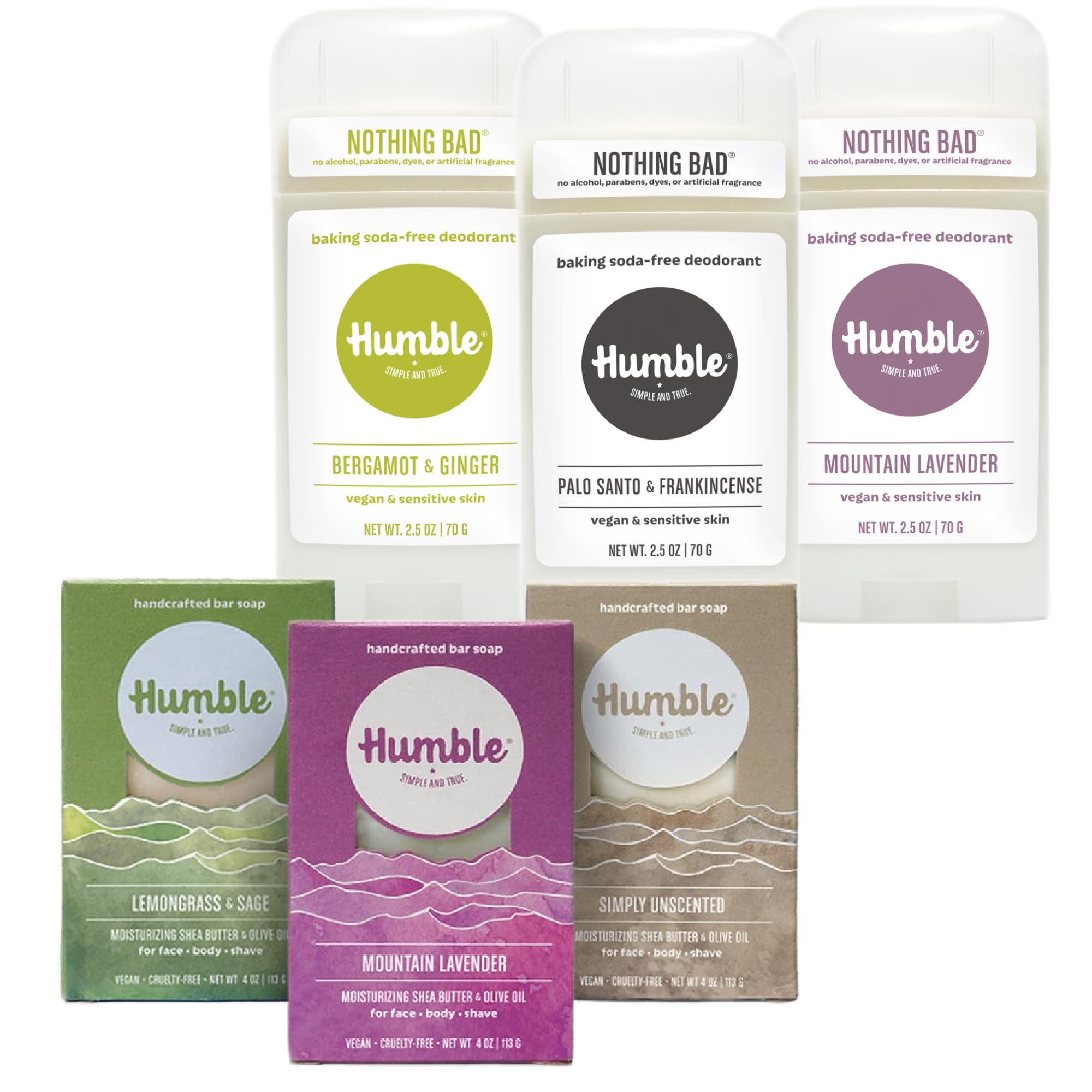 Humble Brands Vegan Deodorant & Bar Soap Set - 3-Pack Natural Spicy & Earthy Scented Deodorants & Soaps for Men & Women - Cruelty-Free, Aluminum-Free - Perfect for Travel, Gym & Daily Use
