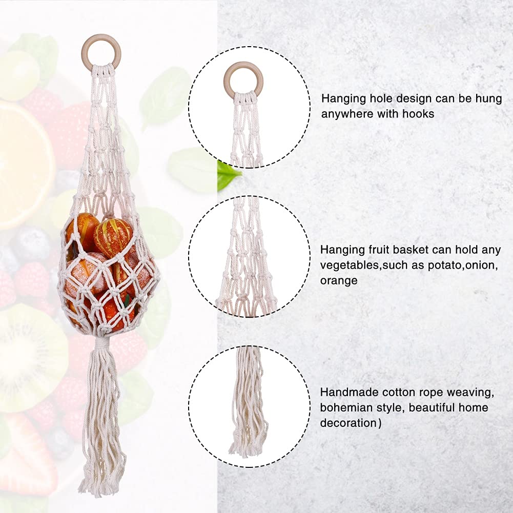 Macrame Hanging Basket for Fruits & Vegetables - Cotton Boho Wall Hanging Produce Holder, Banana Hammock, Kitchen Counter Space Saver - Perfect for Organizing Fresh Produce in Small Kitchens, Balconies or Boho Home Decor (White)