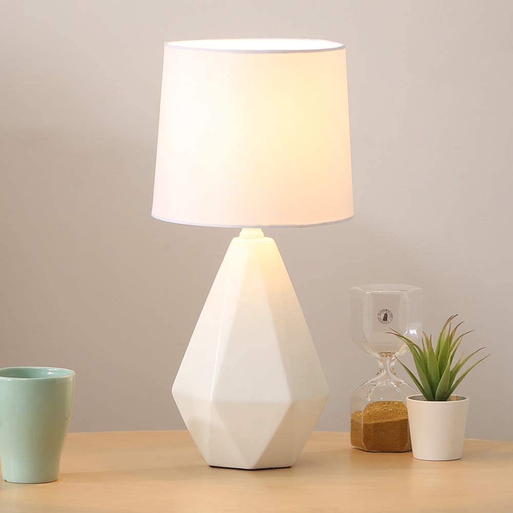 Modern White Ceramic Table Lamp - Irregular Geometric Bedside Nightstand Lamp with Fabric Shade for Bedroom, Living Room & Kitchen | Perfect for Reading, Decor & Ambient Lighting