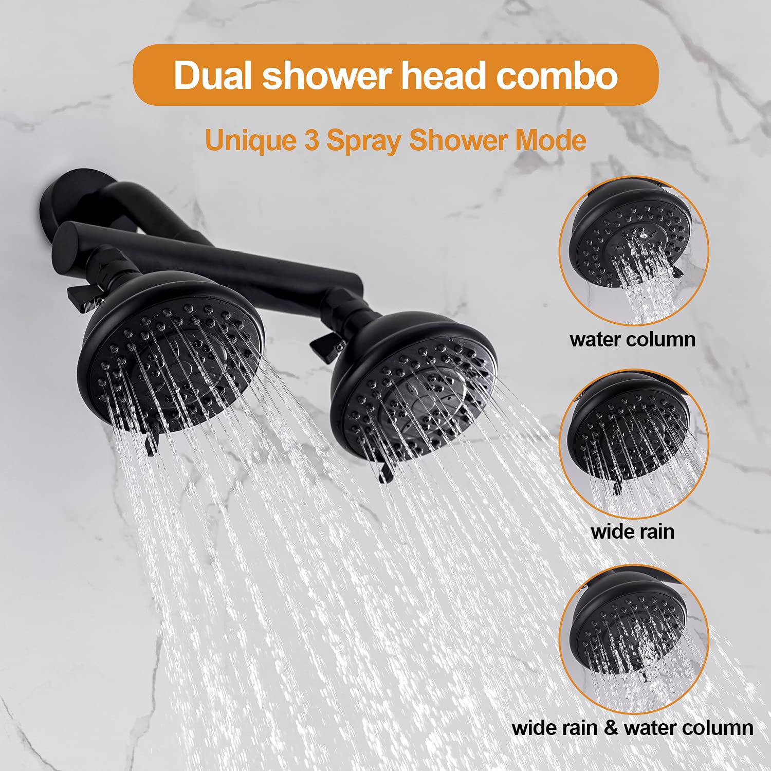Premium Matte Black High Pressure Dual Shower Head Set with 3 Spray Functions - Solid Brass Construction, Shut-Off Valve & Adjustable Shower Arm - Perfect for Spa-Like Bathroom Experience & Water Conservation