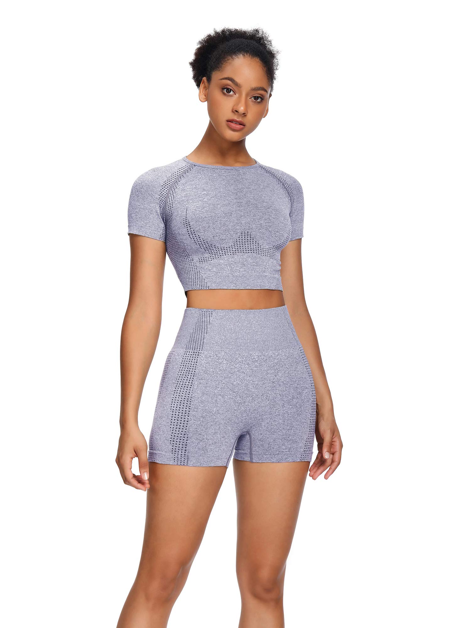 Women's Seamless Yoga Outfits 2-Piece Set - Workout Gym Shorts & Short Sleeve Crop Top | High Waisted Athletic Wear for Yoga, Pilates, Gym & Running
