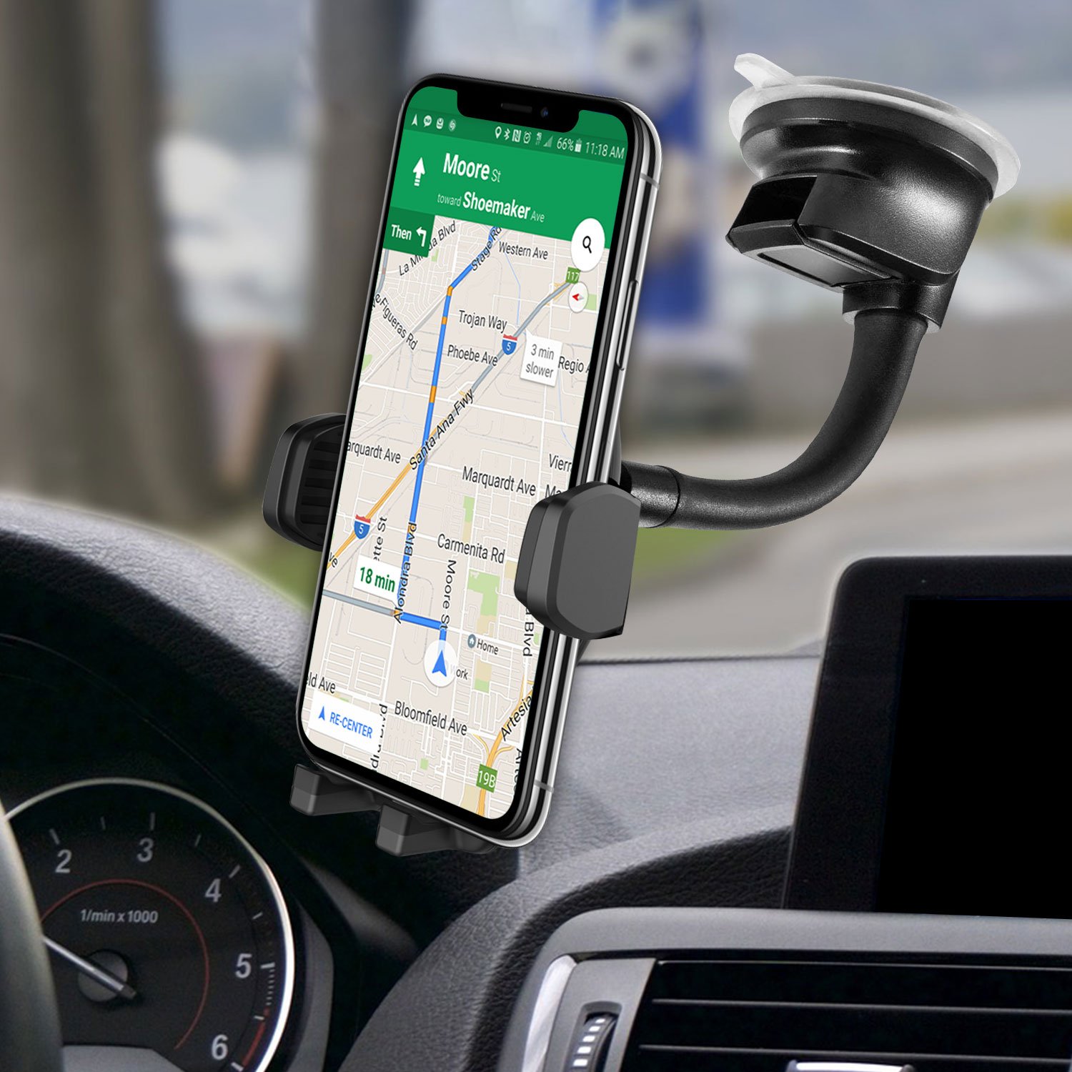 Cellet Universal Car Phone Holder Mount - Flexible Gooseneck & Strong Suction Cup for Windshield & Dashboard - Hands-Free GPS Navigation & Driving Safety - Perfect for Commuting, Road Trips & Rideshare Drivers