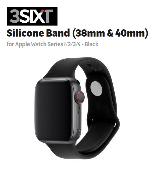 3SIXT Soft Silicone Replacement Band for Apple Watch Series 4/5/6 (38mm/40mm) - Durable Black Sport Strap - Perfect for Workouts, Running & Daily Wear