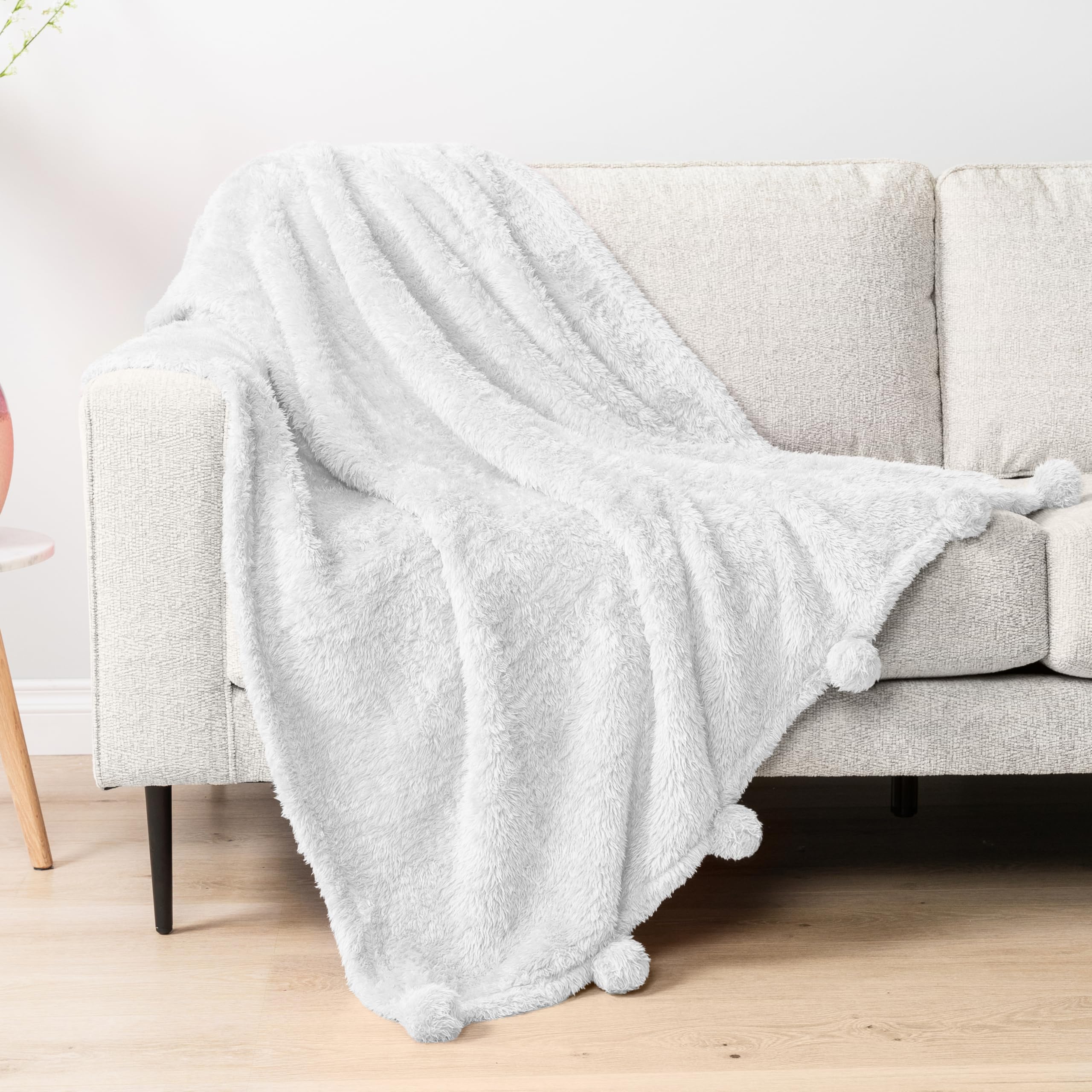 PAVILIA White Sherpa Throw Blanket for Couch & Bed - Warm Plush Pom Pom Blanket Twin Size 60x80 Inches - Lightweight Soft Cozy Fluffy Blanket for Sofa, Living Room, Dorm & Winter Nights