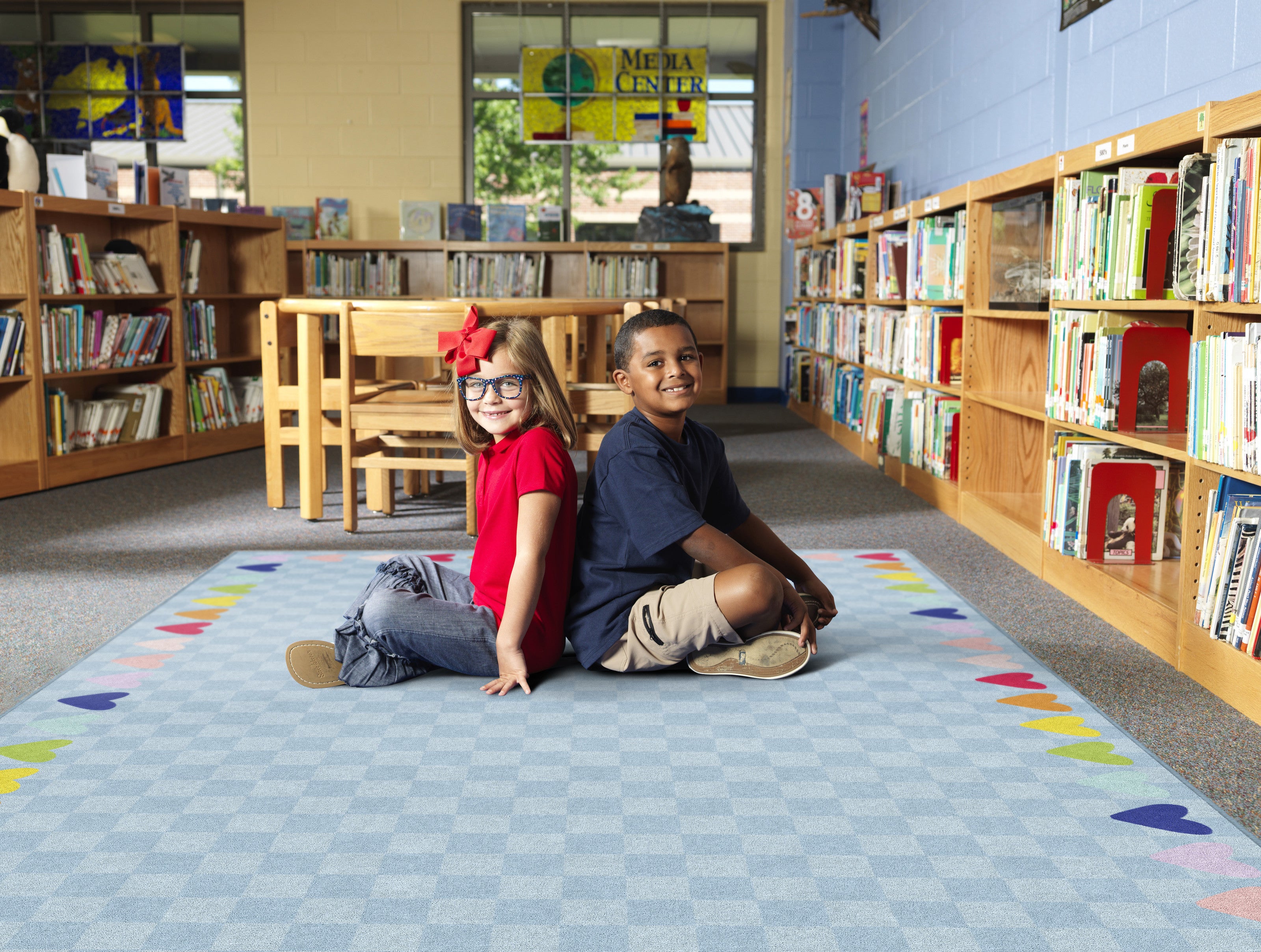 Blue with Rainbow Hearts Border Rug - Soft Playroom & Classroom Mat for Kids - Perfect for Nursery, Daycare, and Home Decor