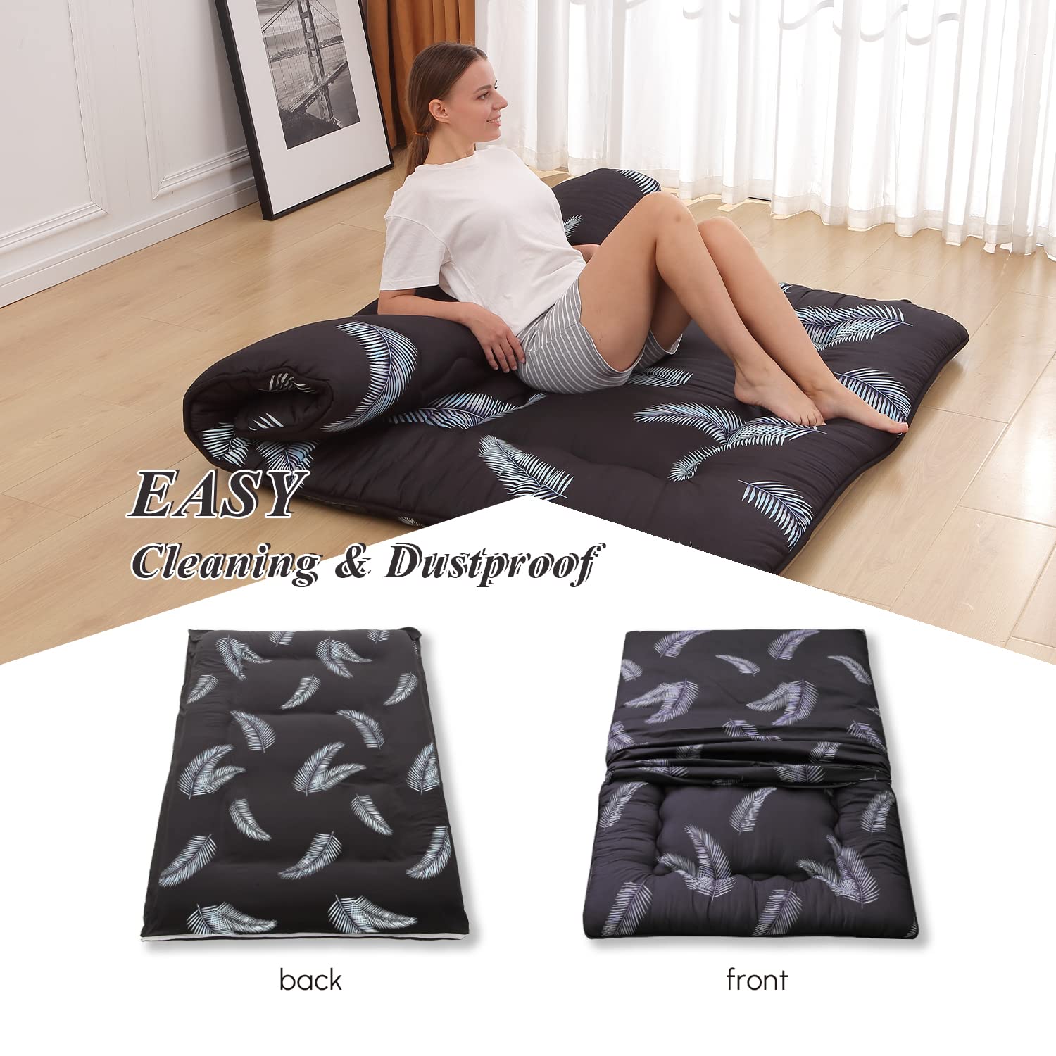 Japanese Futon Mattress - Foldable Floor Mattress with Washable Cover, Portable Tatami Mat for Camping, Travel & Guest Bedding (Black Feather, Full Size) | Perfect for Small Spaces, Sleepovers & Outdoor Adventures