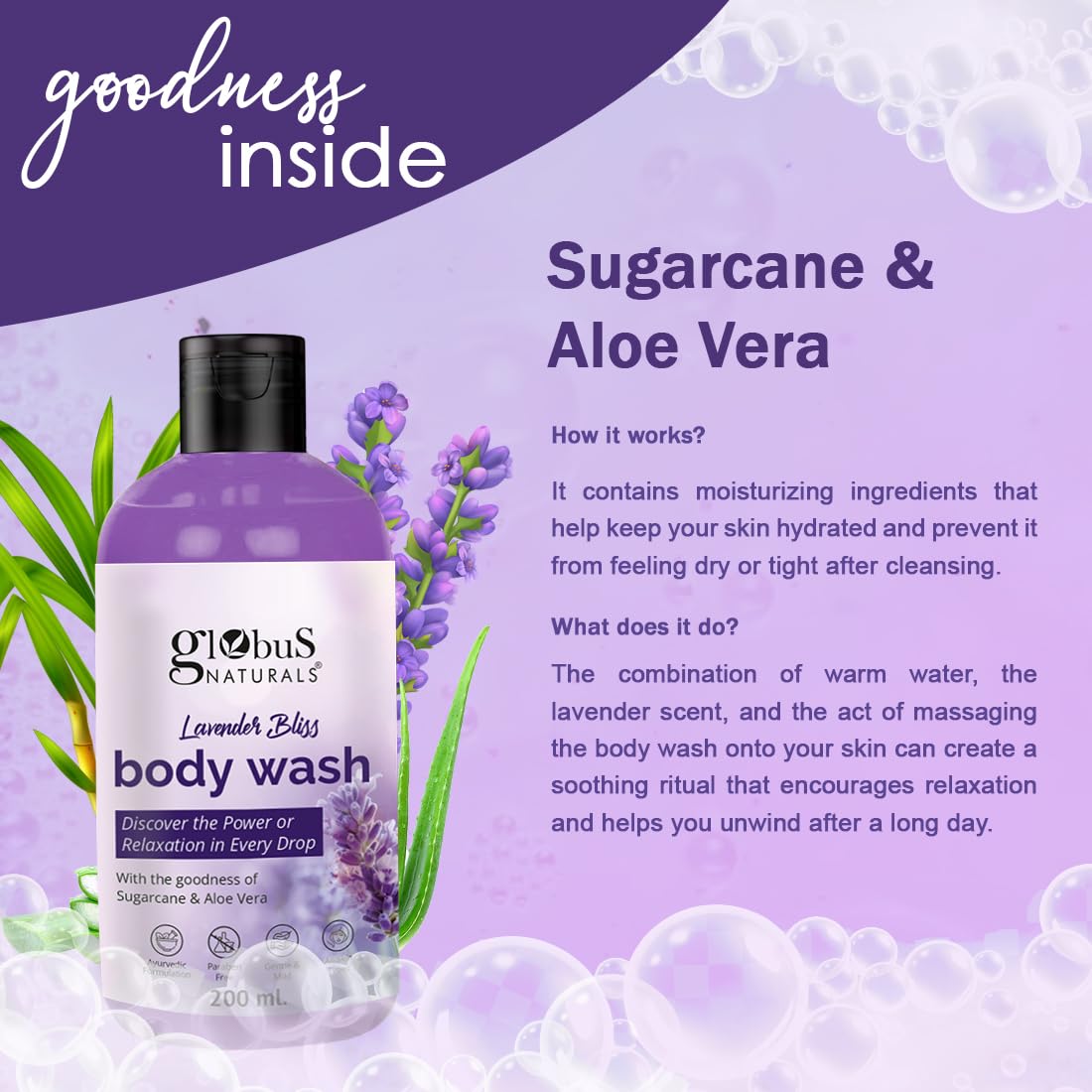 Globus Naturals Lavender Body Wash with Sugarcane & Aloe Vera - Ayurvedic, Paraben-Free, Gentle for All Skin Types - 200ml | Relaxing Bath & Aromatherapy for Stress Relief