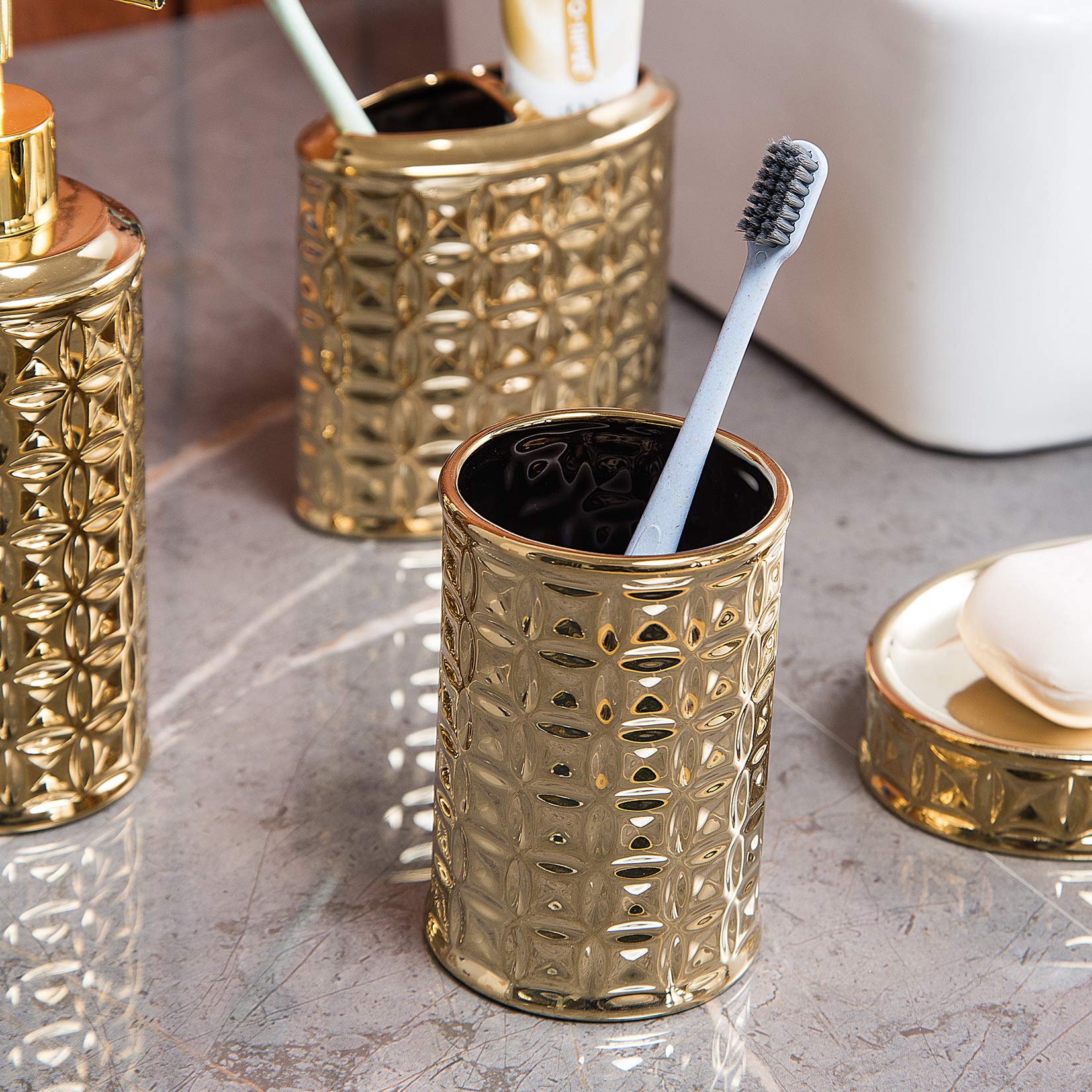Luxury Gold Ceramic Bathroom Accessory Set - 4-Piece Includes Soap Dish, Toothbrush Holder, Lotion Dispenser & Tumbler | Elegant Bathroom Decor for Modern Homes, Hotels & Spas