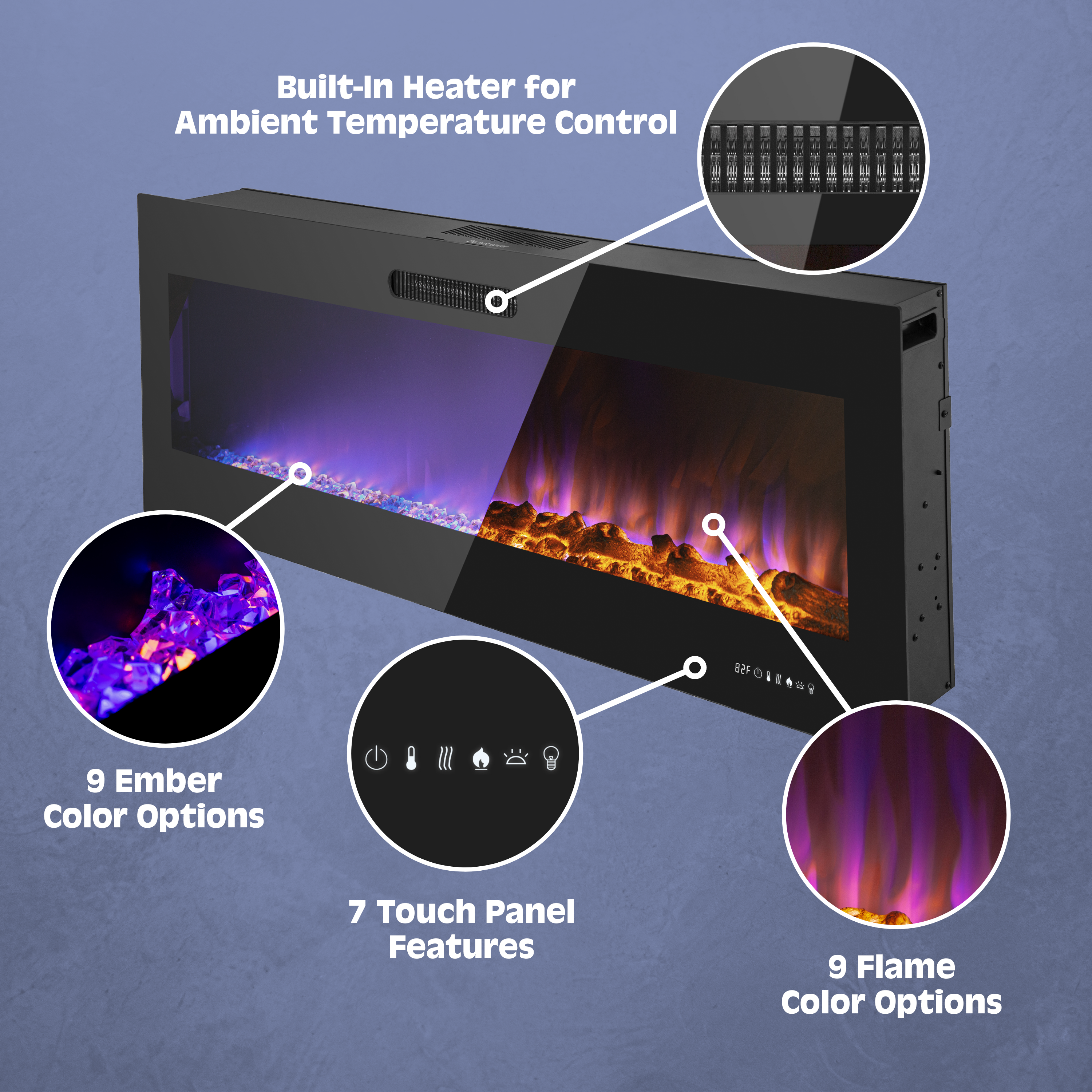 60 Inch LED Slim Electric Fireplace Insert - Wall Mounted Fireplace with 1500W Heater, Adjustable Realistic Flame, Remote Control | Log & Crystal Ember Options | Perfect for Living Room, Bedroom & Office Heating & Decor