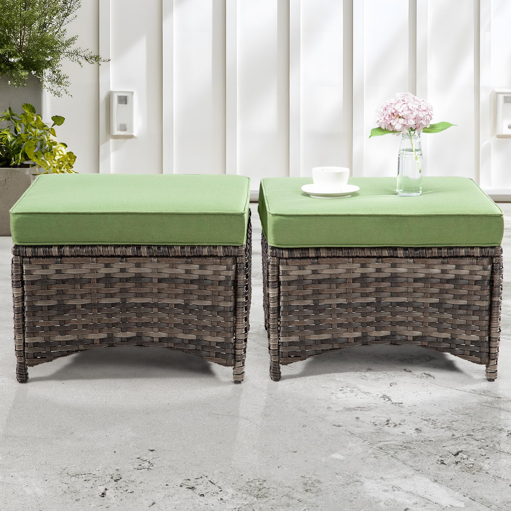 Joyside Outdoor Ottomans Set of 2 - PE Wicker Steel Frame Patio Footstools with Removable Olefin Cushions - Waterproof Garden Stools for Backyard, Deck, Poolside & Outdoor Living Spaces - Green