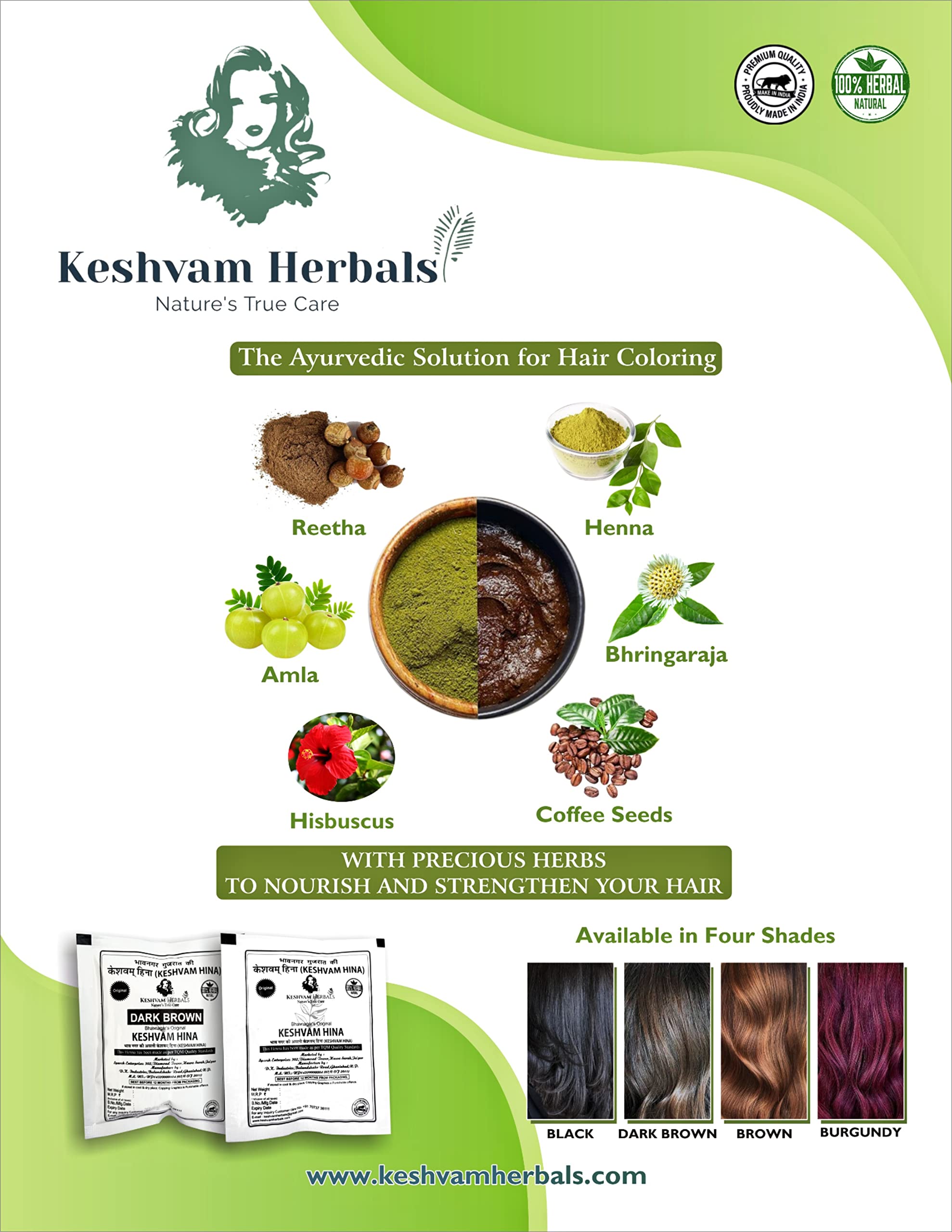 Keshvam Hina Henna Natural Black Hair Dye (10 Pack) - 250g Pure Bhavnagar Mehndi for Gray Coverage & Hair Conditioning | Perfect for Bridal, Festivals & Natural Hair Care