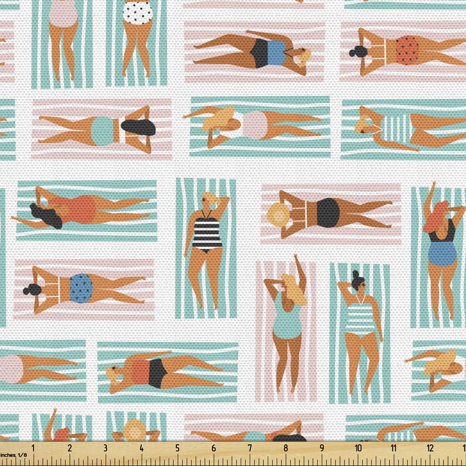 Ambesonne Beach Fabric by The Yard - Sunbathing Women on Striped Beach Towels Summer Vacation Cartoon Print | 10 Yards Multicolor Decorative Fabric for Upholstery, Home Decor & DIY Projects | Perfect for Beach-Themed Pillows, Curtains & Table Runners