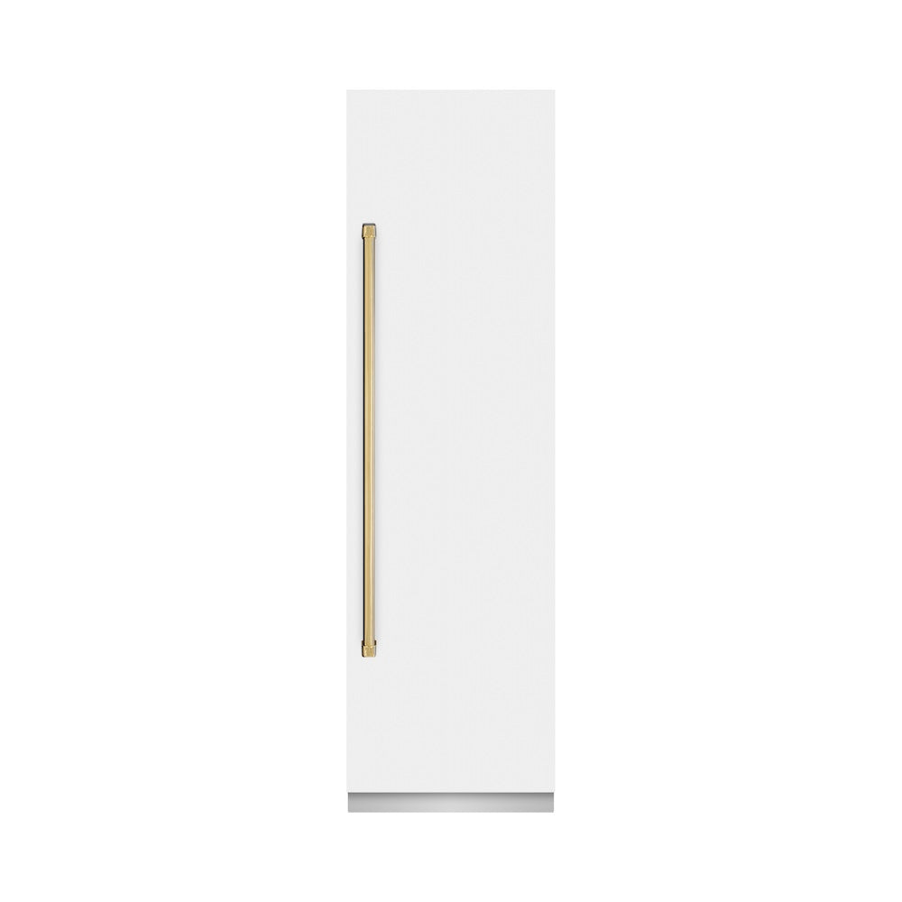 ZLINE Autograph Edition 24 Inch 12.5 Cu Ft Column Refrigerator - White Matte Finish with Graphite Gray Interior & Polished Gold Accents (RCRVZ WM 24 G) | Built-In Kitchen Appliance for Modern Homes & Luxury Condos