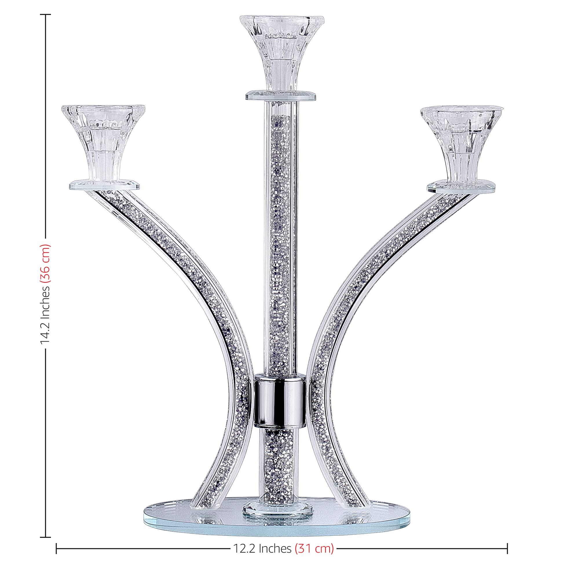 3-Arm Silver Crystal Candelabra Candle Holders - Elegant Modern Centerpiece for Taper & Tea Light Candles - Perfect for Wedding Decor, Dining Table, Romantic Dinner, and Home Decoration