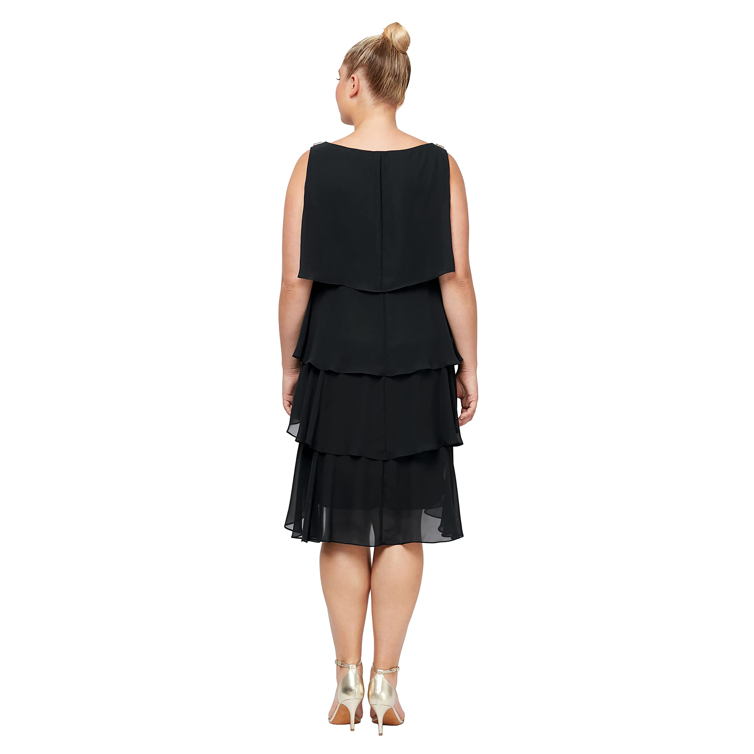 S.L. Fashions Women's Plus Size Solid Color Multi-Tier Embellished Shoulder Dress for Casual Wear, Parties & Special Occasions