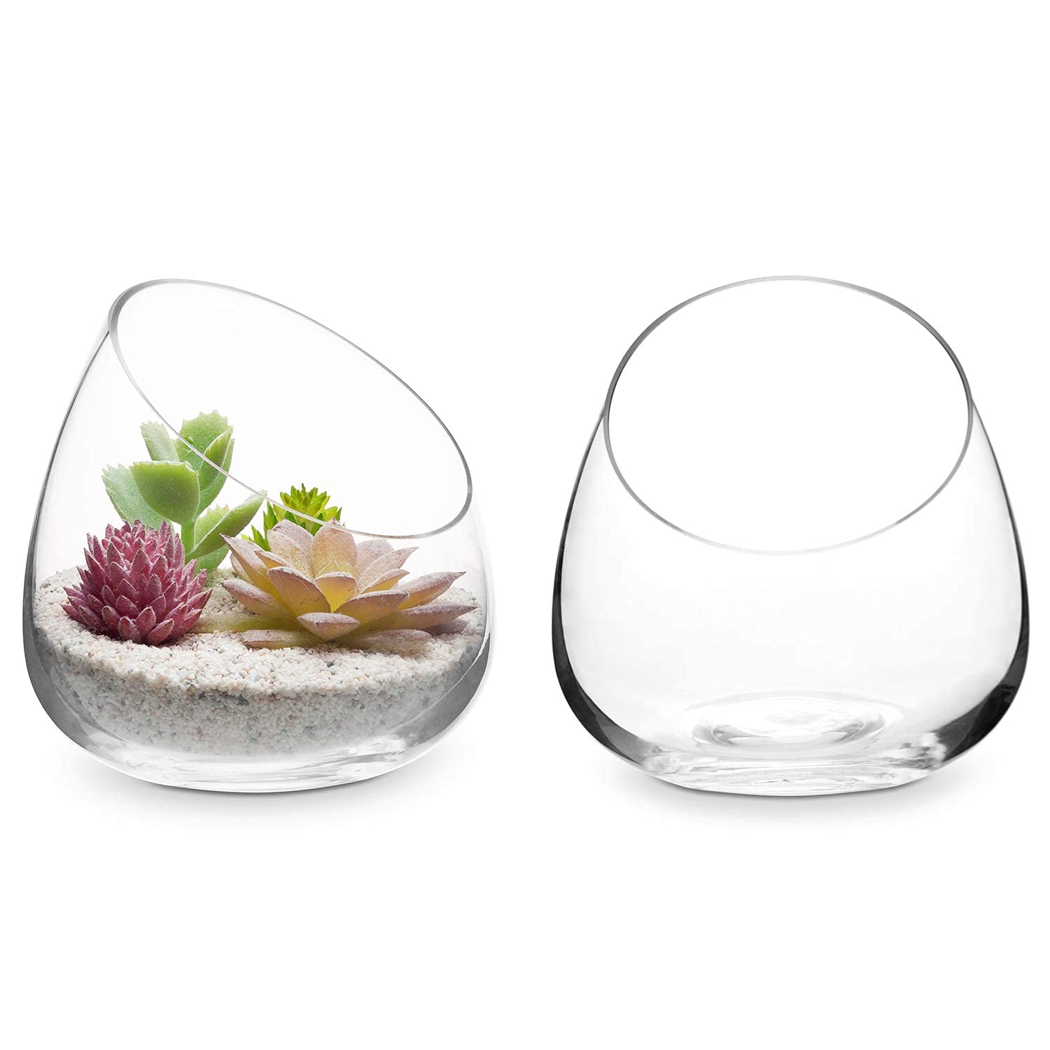MyGift Mini 5-Inch Clear Glass Air Plant Terrarium with Bamboo Base - Set of 2 Small Succulent & Cactus Plant Vases for Home Decor, Office Desk, Wedding Centerpiece, and DIY Garden Projects