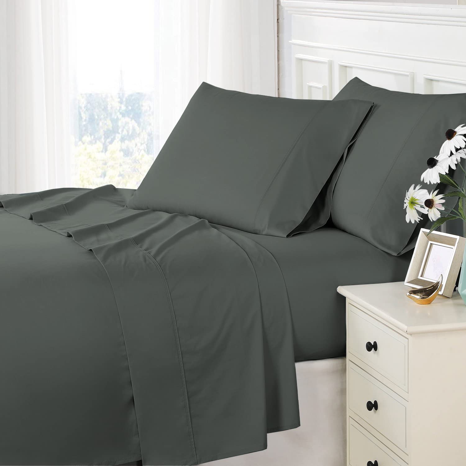 Pizuna 800 Thread Count 100% Long Staple Cotton Sheet Set - Full Size Dark Grey Sateen Bed Sheets with Deep Pockets (Fits Up to 15
