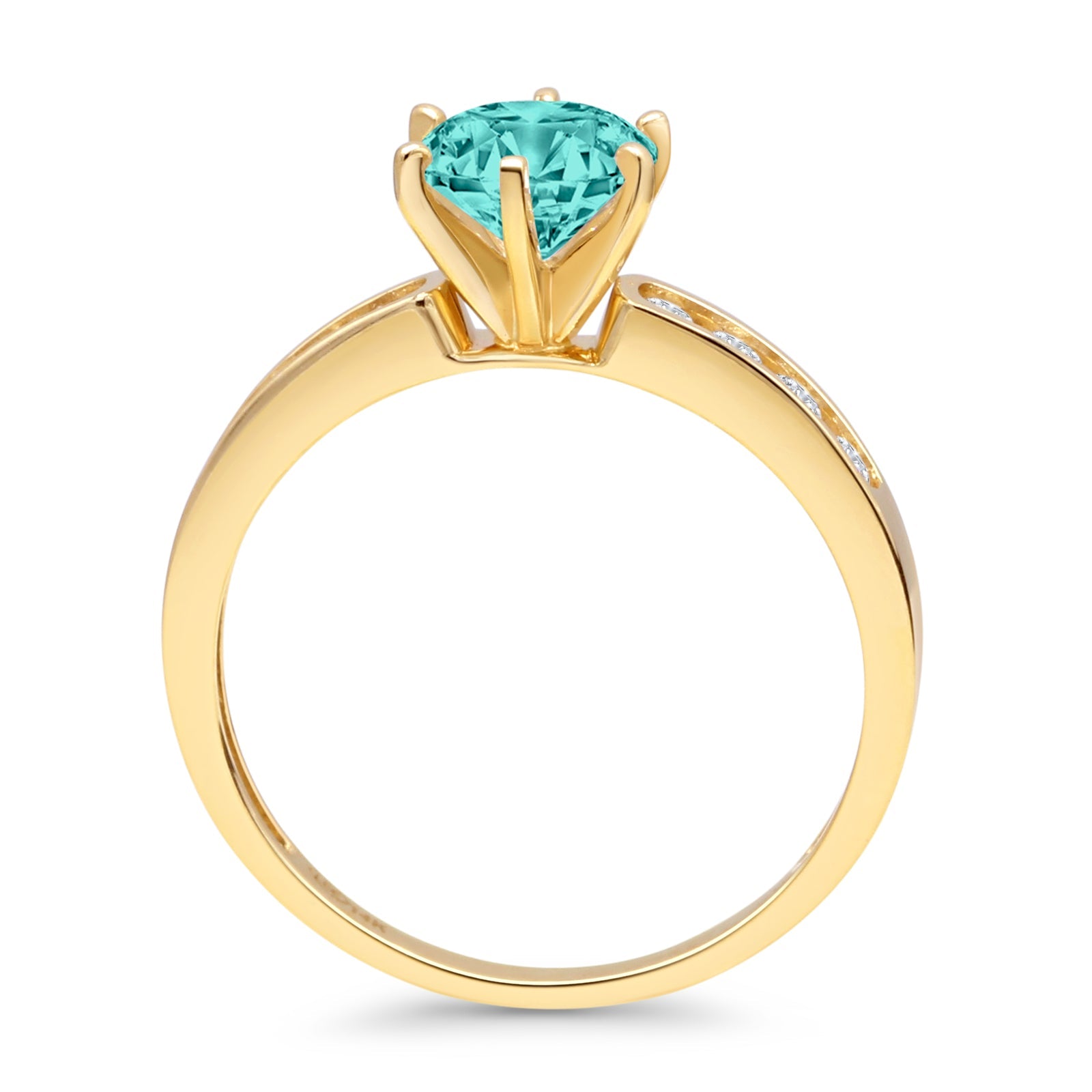 14K Yellow Gold Round Paraiba Tourmaline & Cubic Zirconia Cathedral Engagement Ring for Women - Elegant Wedding, Anniversary, or Gift Jewelry