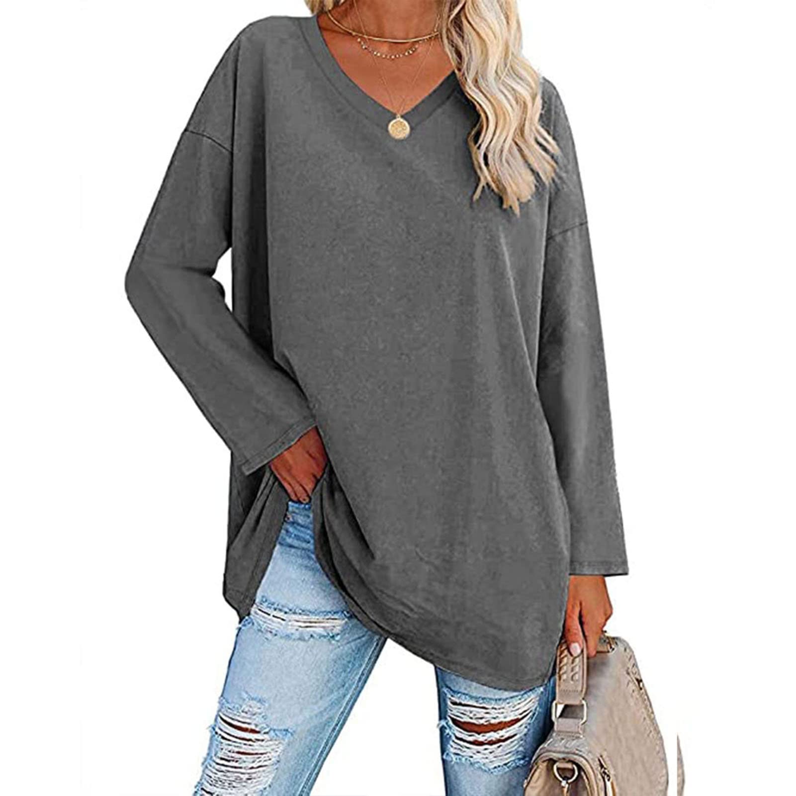 Women's V-Neck Long Sleeve T-Shirt - Loose Fit Oversized Blouse in Dark Gray | Casual Comfort Wear for Everyday, Work & Layering