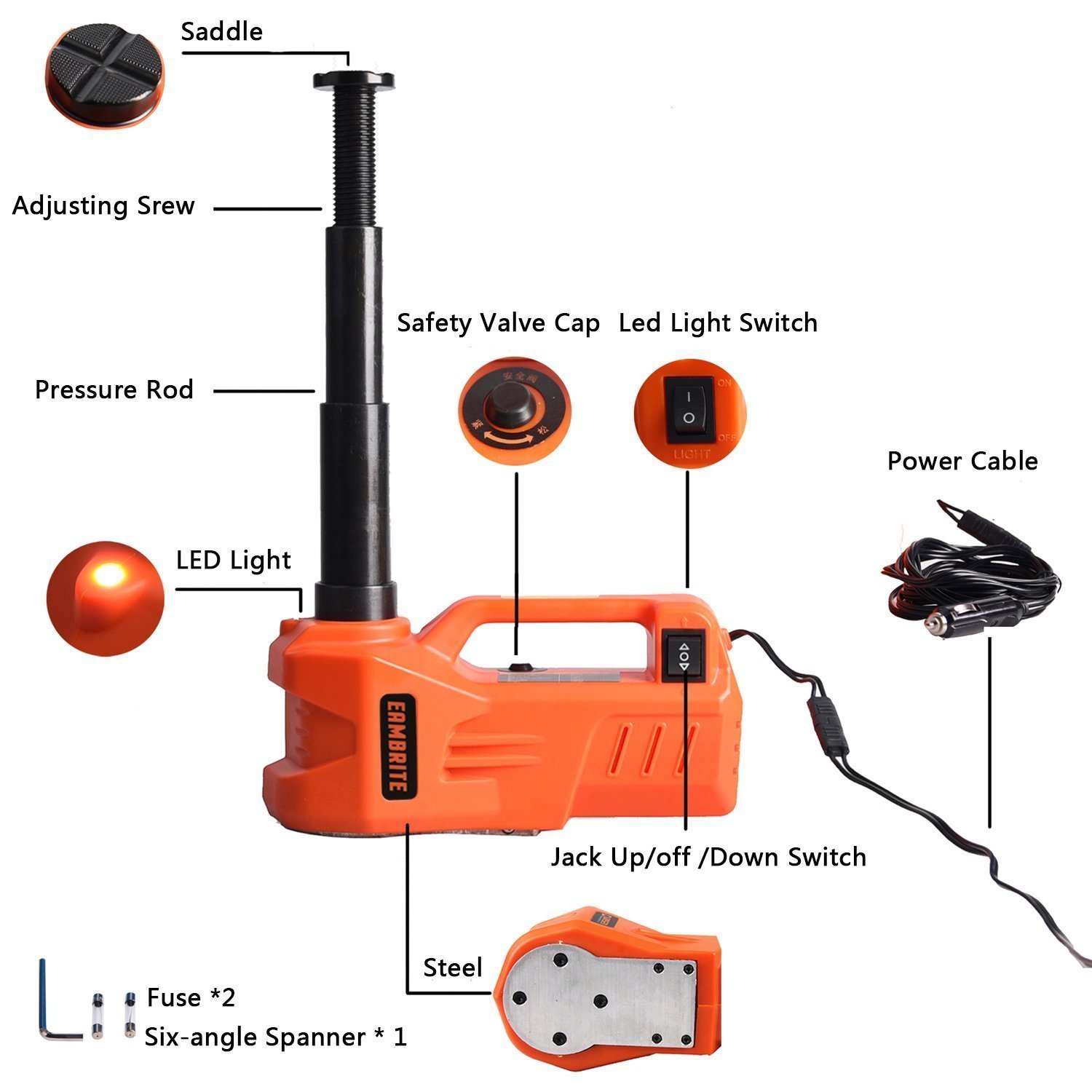 EAMBRITE 12V DC 3 Ton Electric Hydraulic Car Jack with LED Light - Heavy Duty Floor Jack for SUV, Sedan, RV (6.1-17.3 Inch Lift) - Perfect for Emergency Roadside Repairs & Garage Maintenance