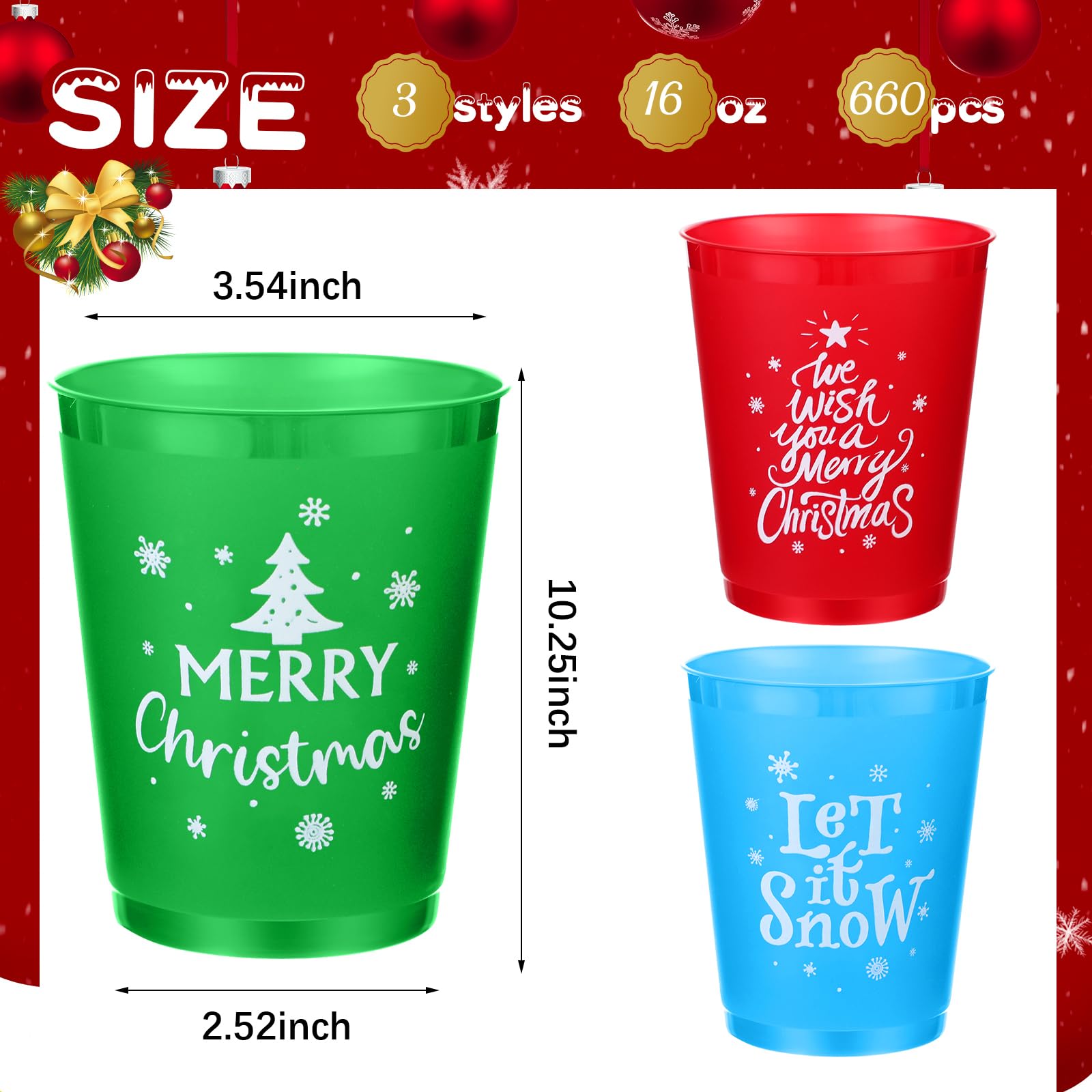 60 Pcs 16oz Reusable Christmas Plastic Cups - Merry Xmas Coffee Mugs for Hot Chocolate, Beer & Ice Cream - Classic Holiday Party Supplies for Christmas, New Year & Winter Celebrations (Great for Office Parties, Family Gatherings & Festive Decorations)