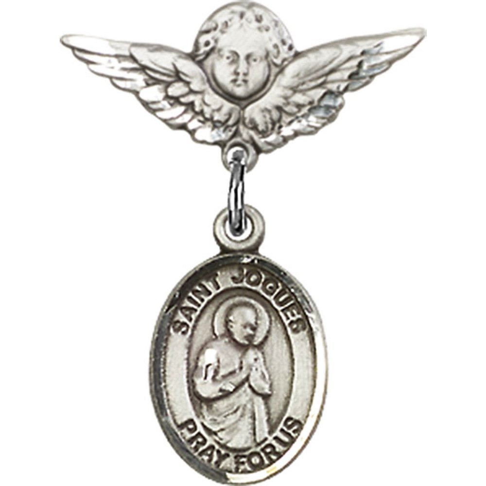 St. Isaac Jogues Sterling Silver Baby Badge with Angel Wing Charm - 7/8 X 3/4 Inch Religious Jewelry Pin for Christening, Baptism & First Communion Gifts